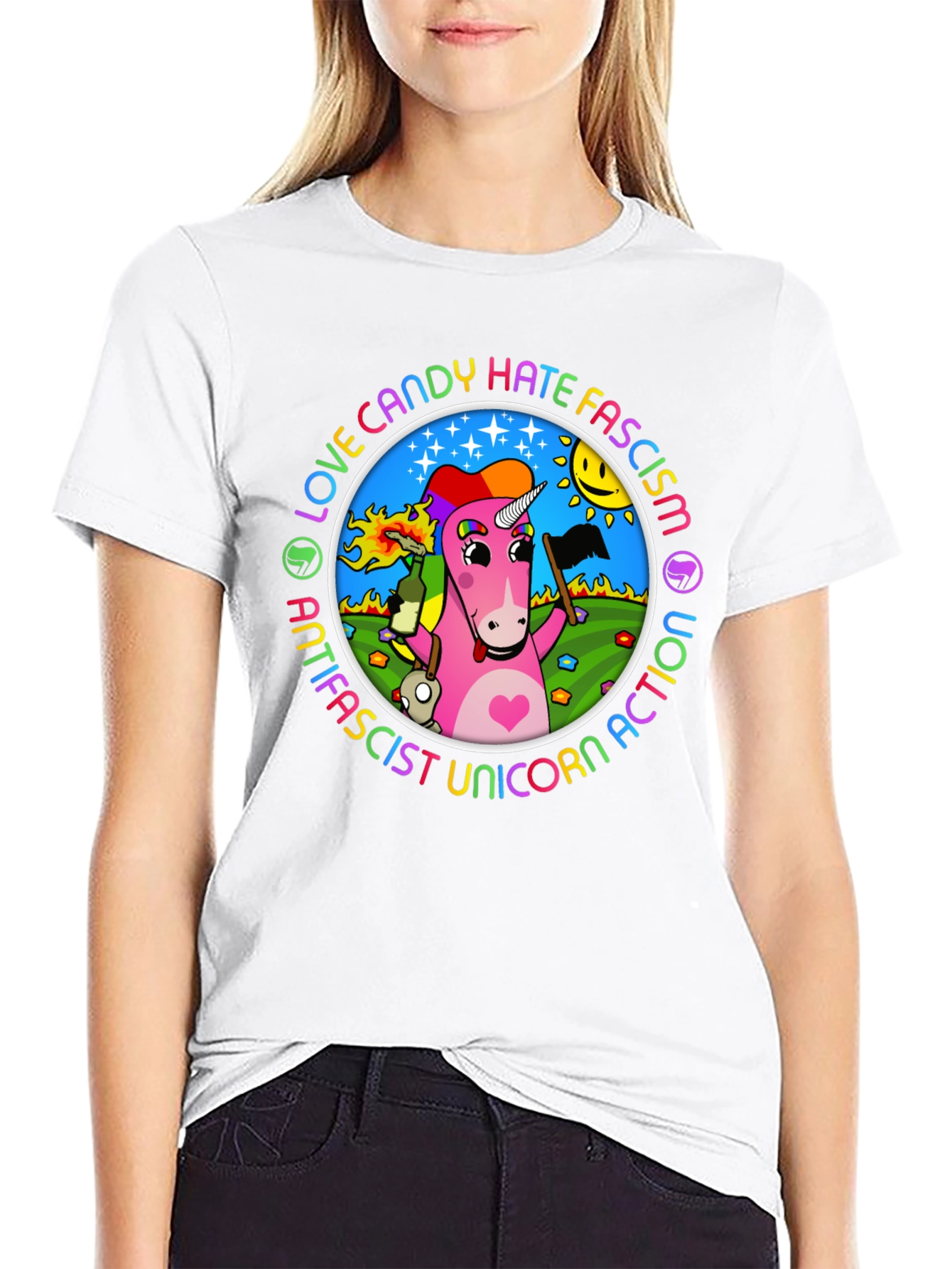 Antifascist Unicorn Action Graphic Tee