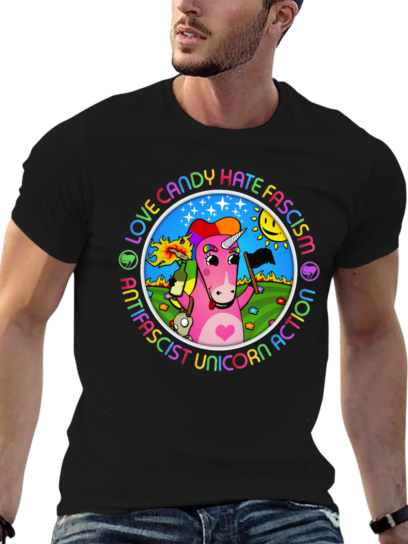 Antifascist Unicorn Action Graphic Tee