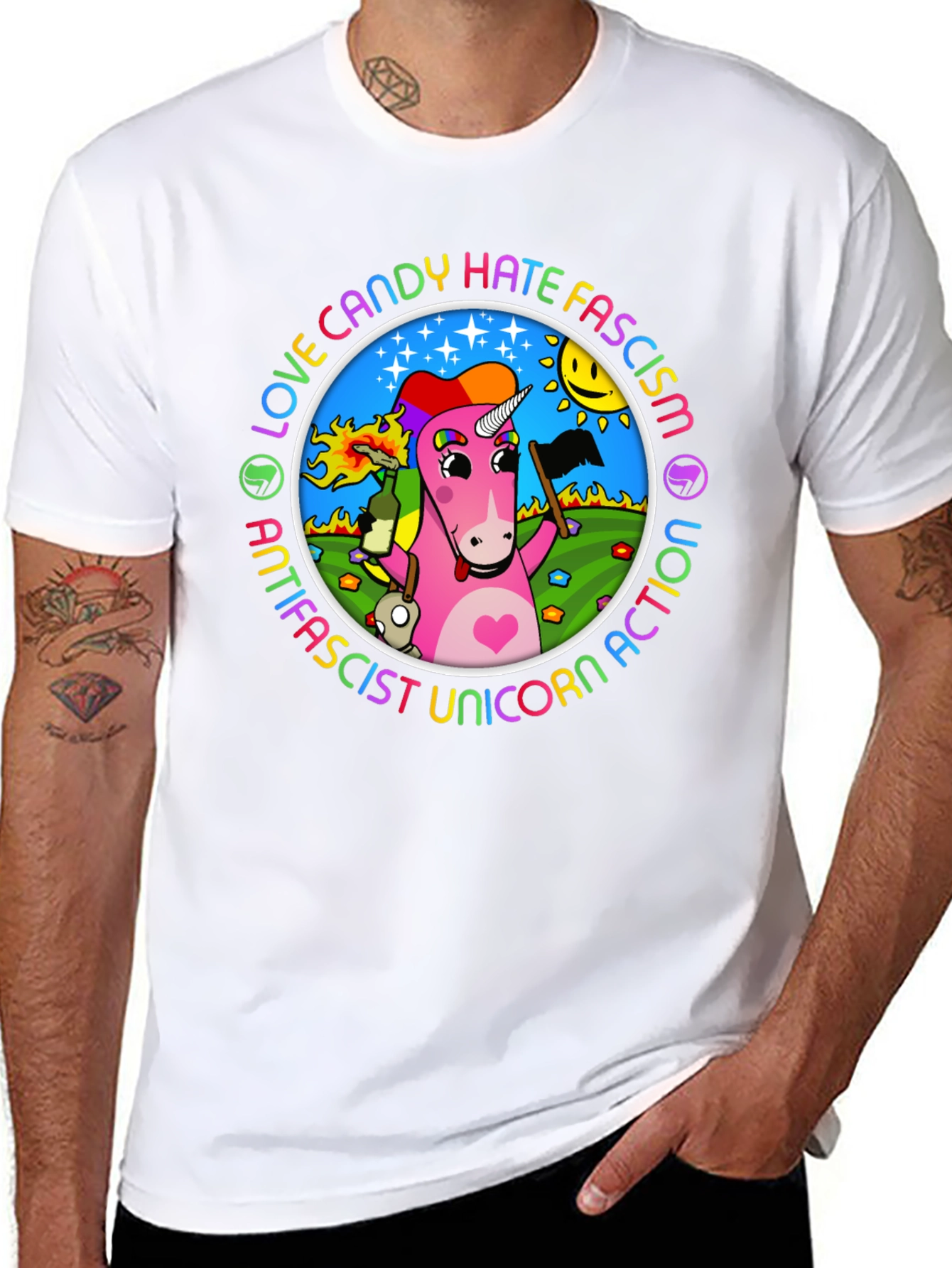 Antifascist Unicorn Action Graphic Tee