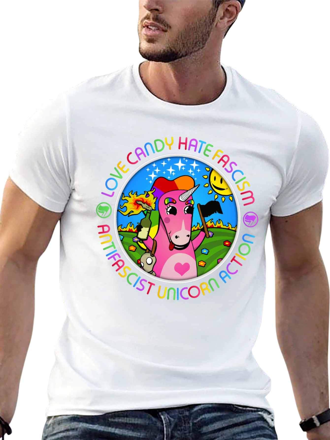 Antifascist Unicorn Action Graphic Tee
