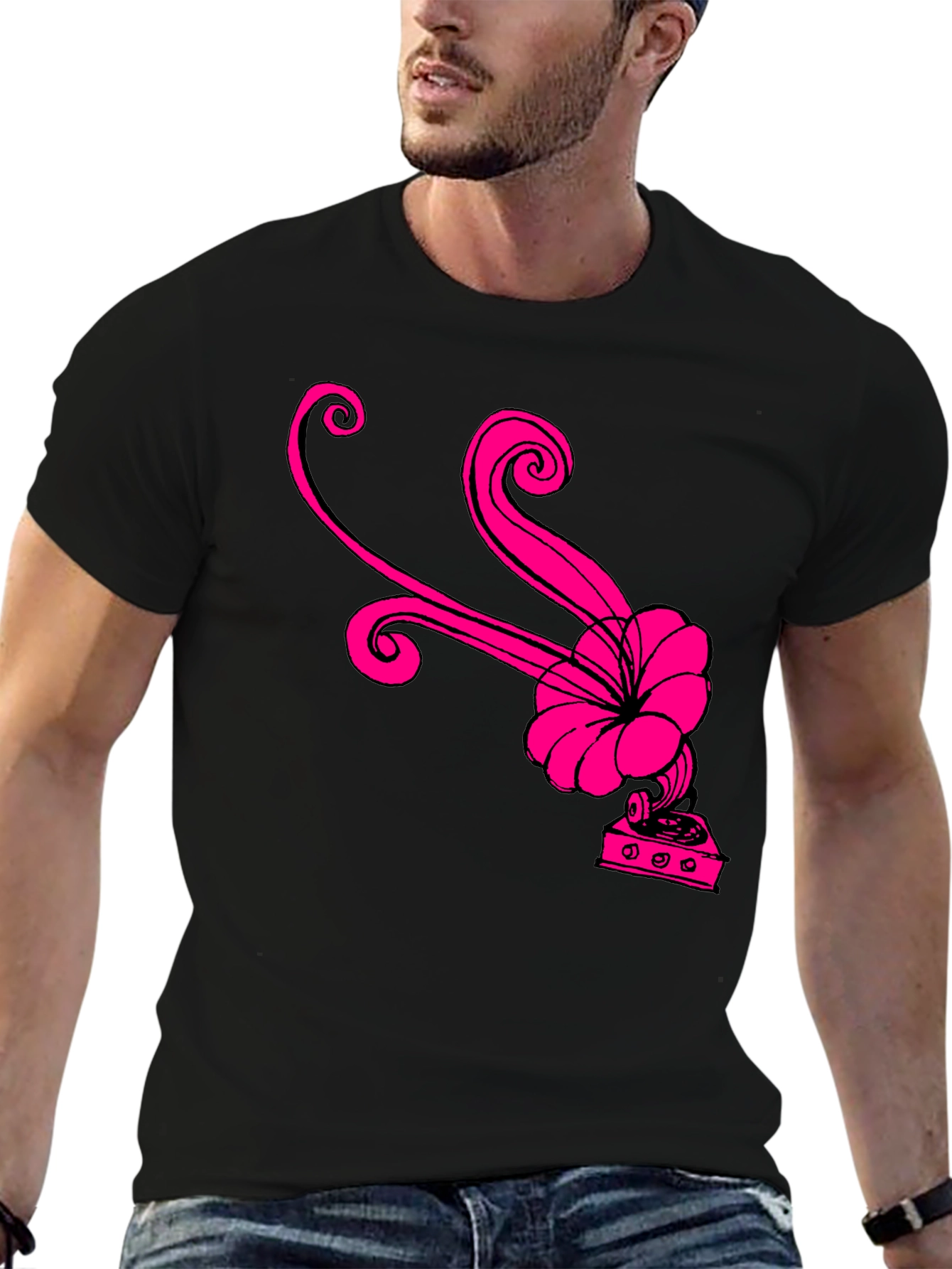 Black T-Shirt with Retro Pink Gramophone Design