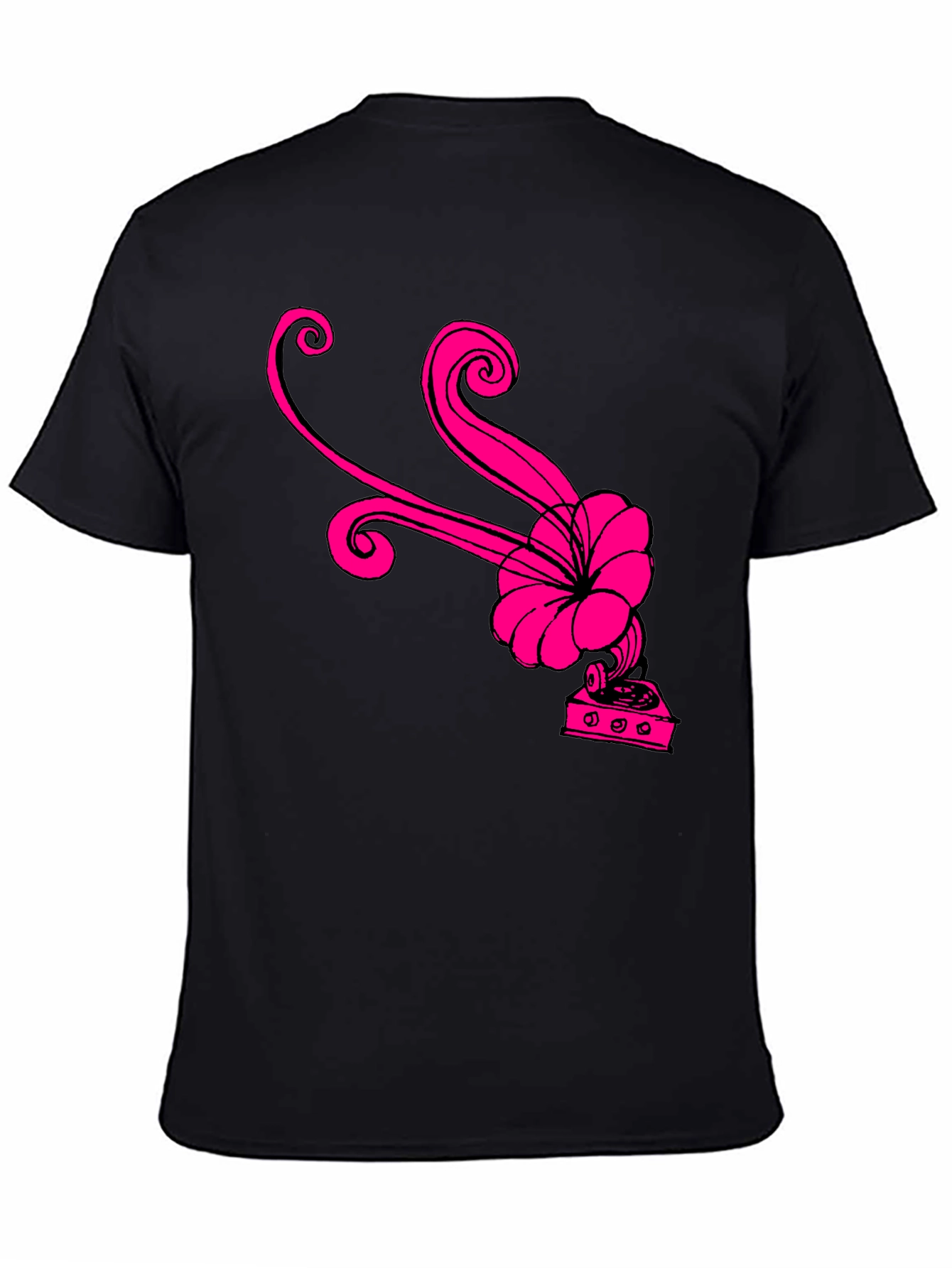 Black T-Shirt with Retro Pink Gramophone Design