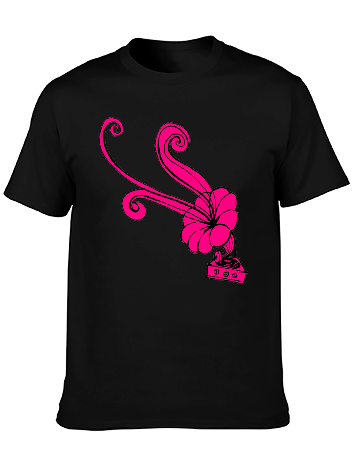 Black T-Shirt with Retro Pink Gramophone Design