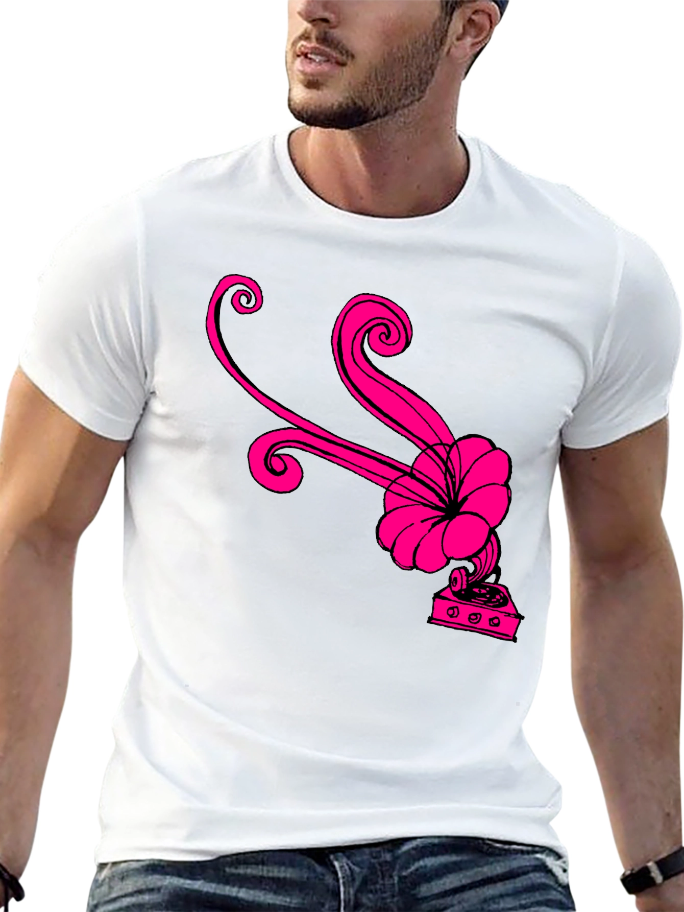 Black T-Shirt with Retro Pink Gramophone Design
