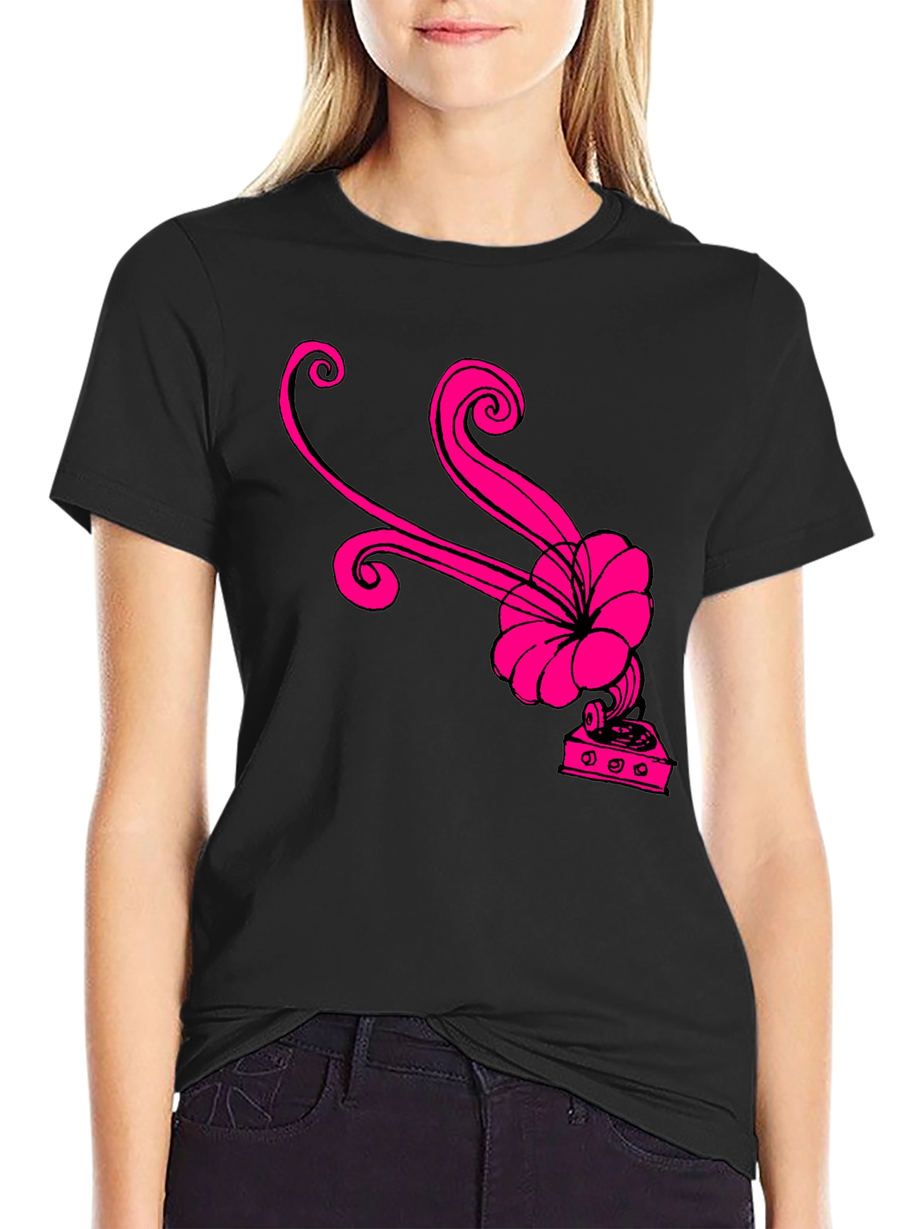 Black T-Shirt with Retro Pink Gramophone Design
