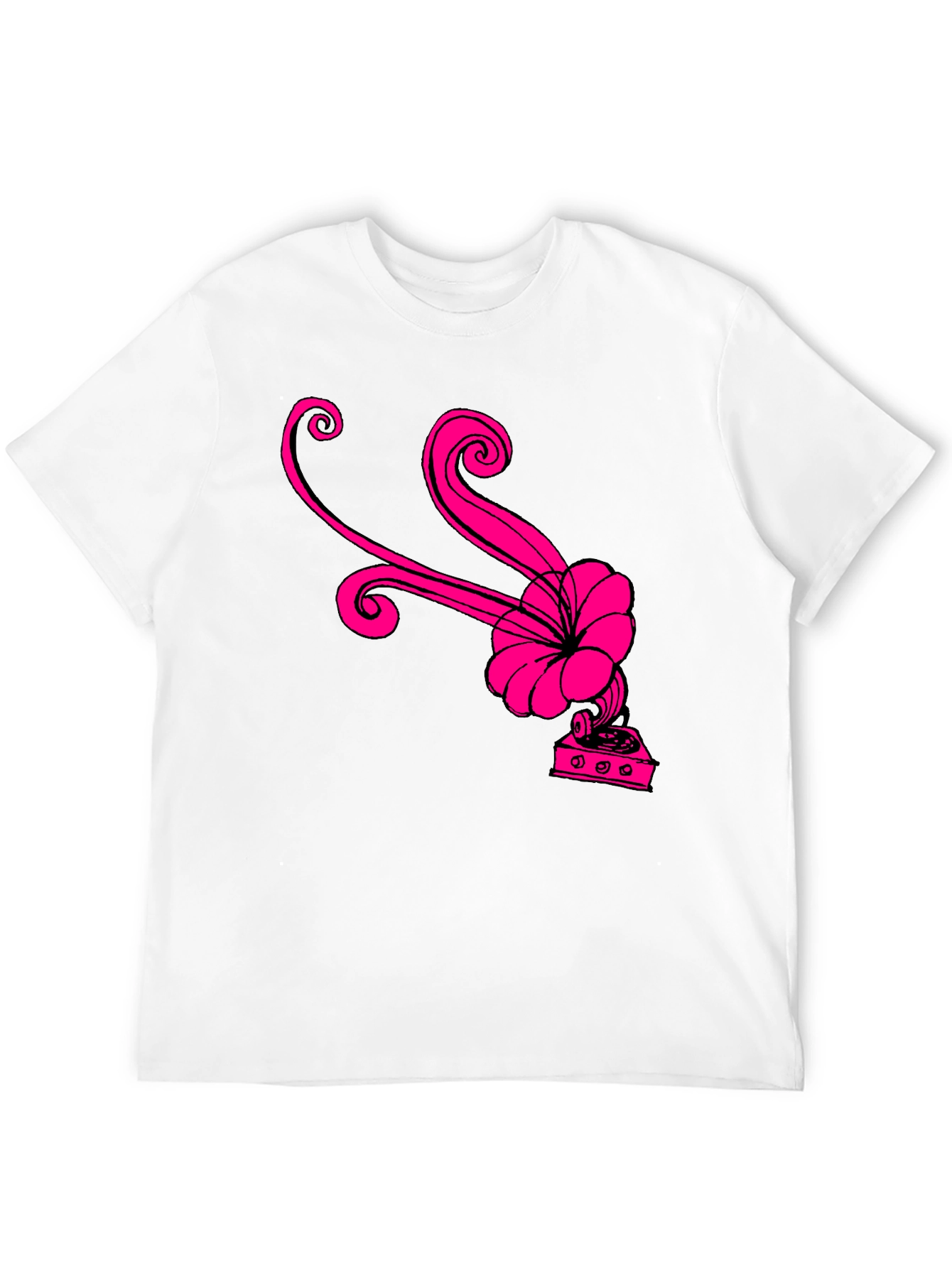 Black T-Shirt with Retro Pink Gramophone Design