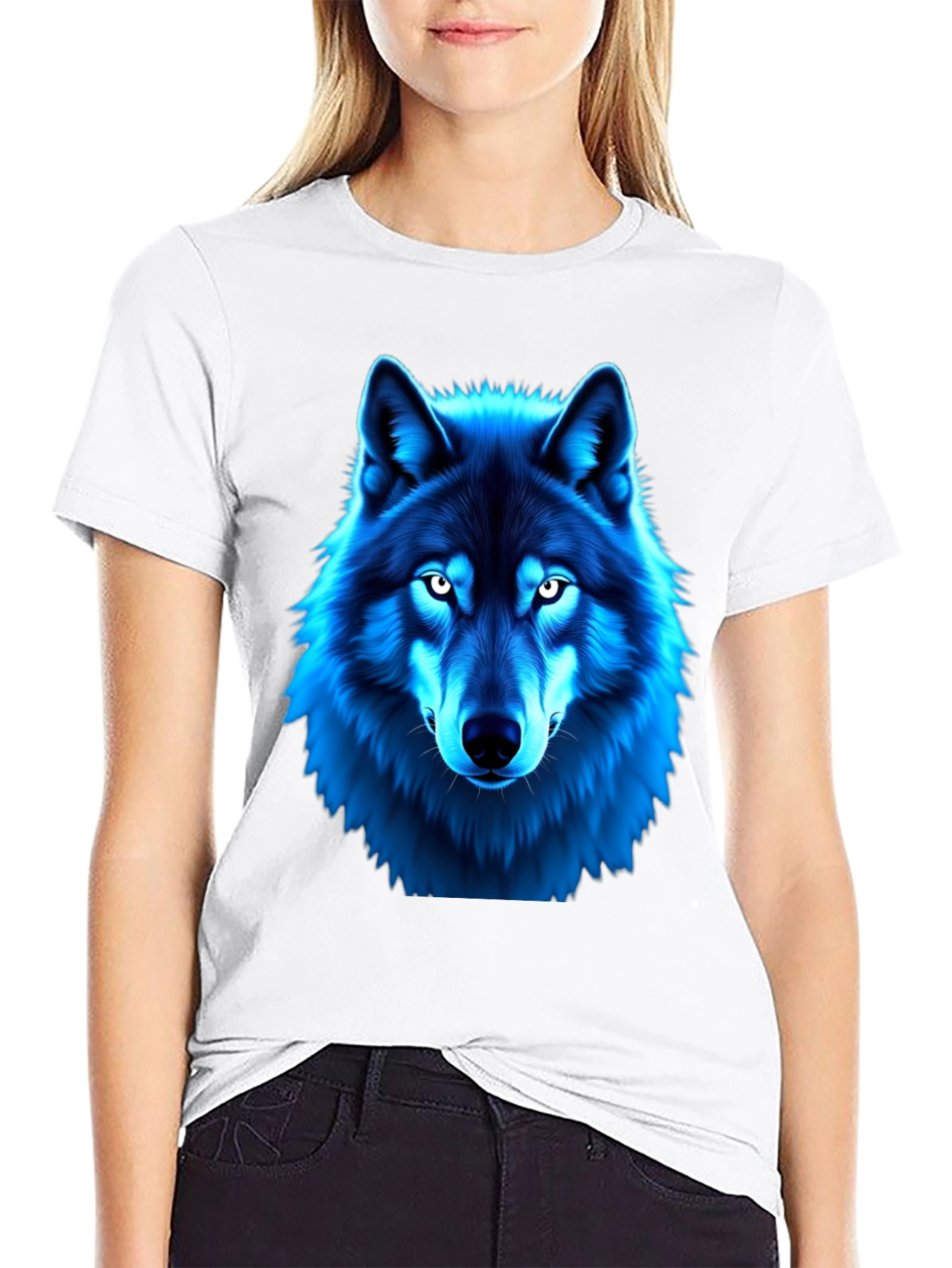 Blue Wolf Graphic Print Black T-Shirt