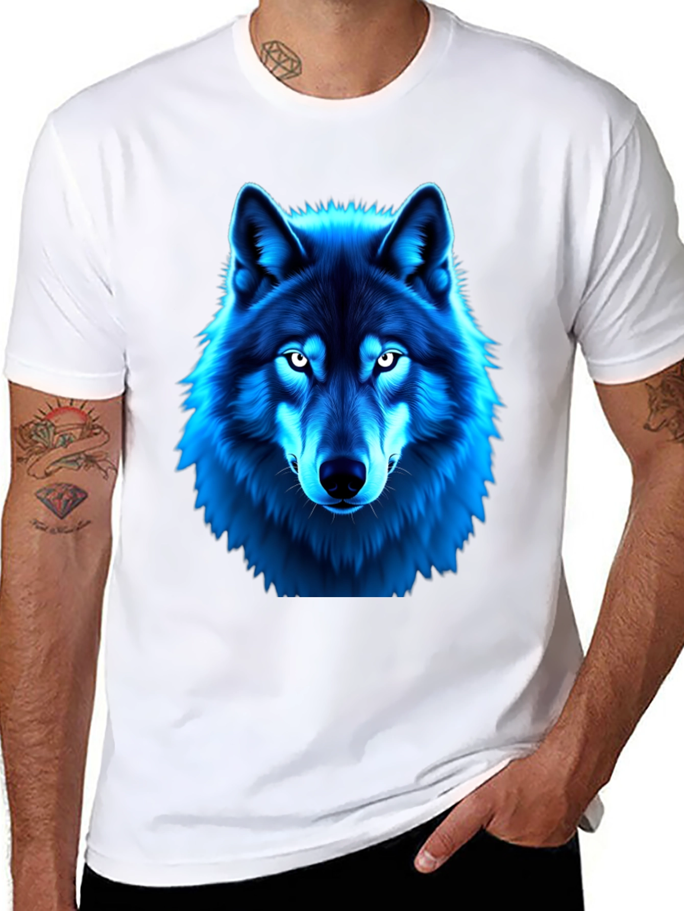 Blue Wolf Graphic Print Black T-Shirt
