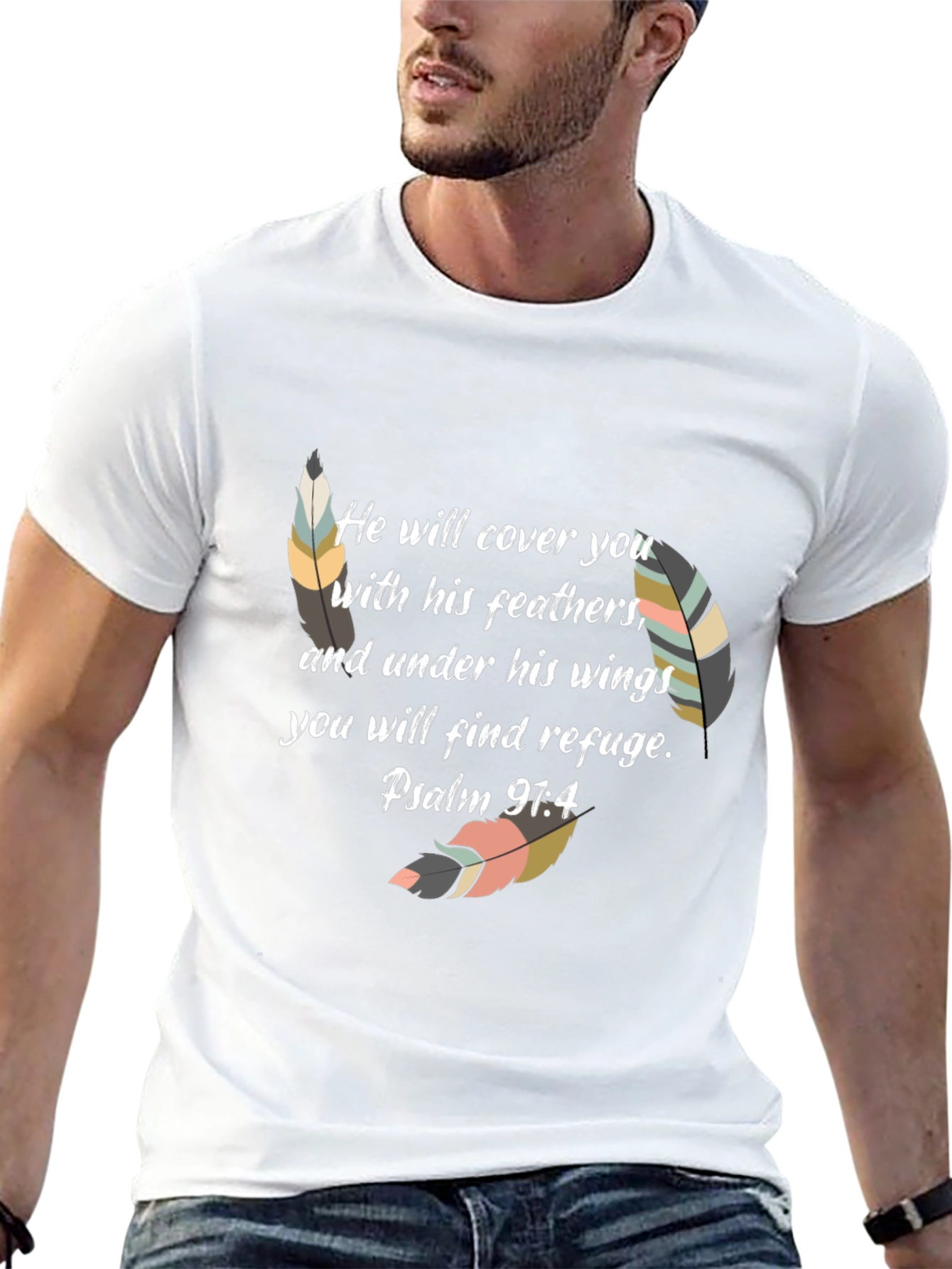 Faith-Based Feather Graphic Tee - Psalm 91:4