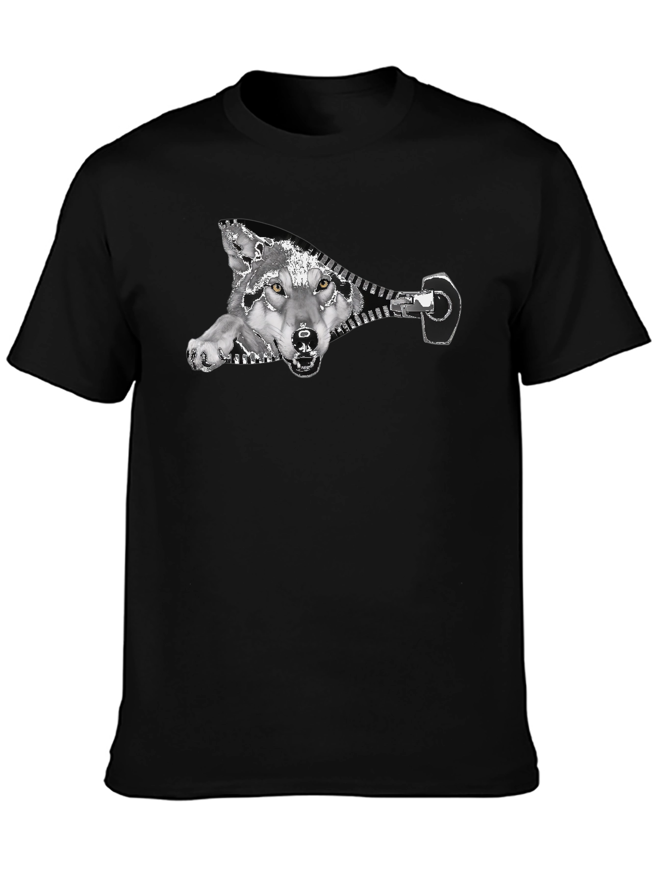 Wolf Zipper Graphic Print Black T-Shirt
