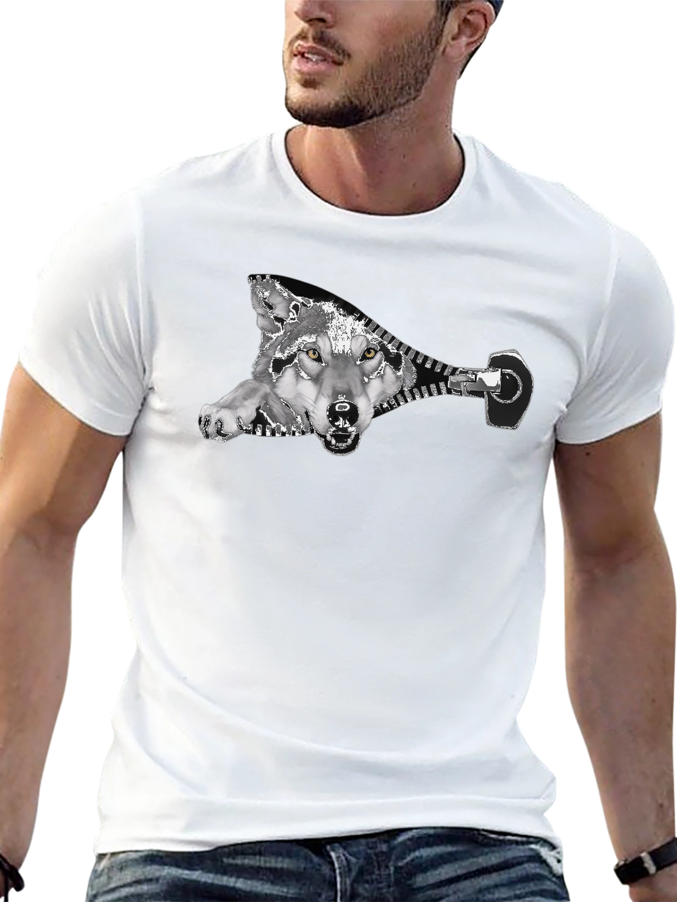 Wolf Zipper Graphic Print Black T-Shirt