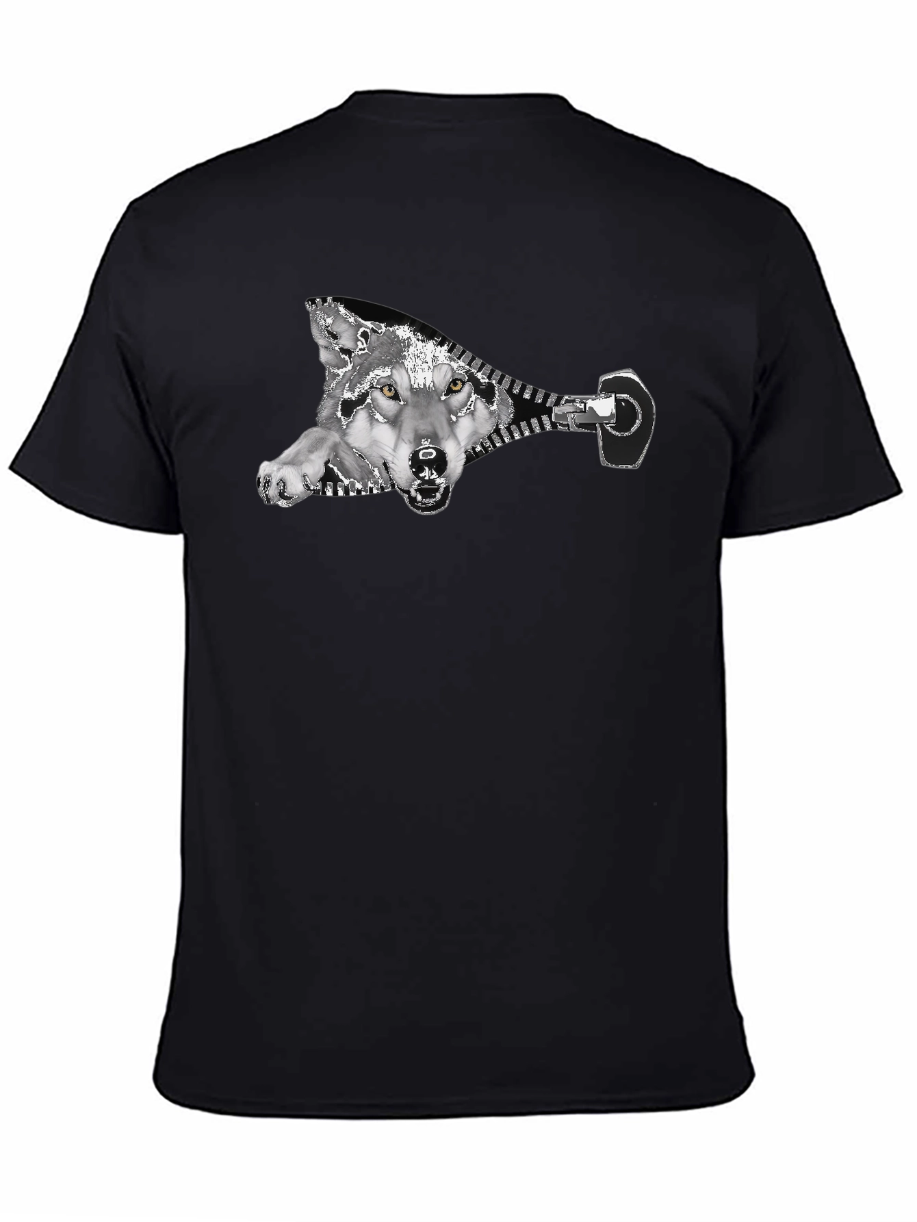 Wolf Zipper Graphic Print Black T-Shirt