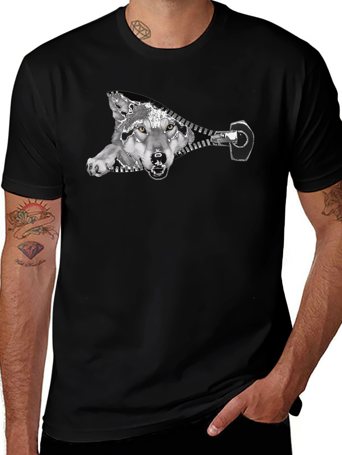 Wolf Zipper Graphic Print Black T-Shirt