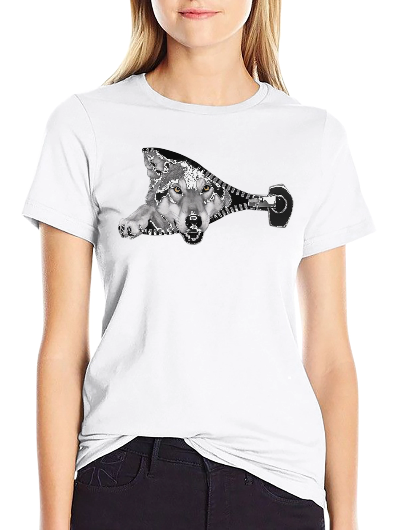 Wolf Zipper Graphic Print Black T-Shirt