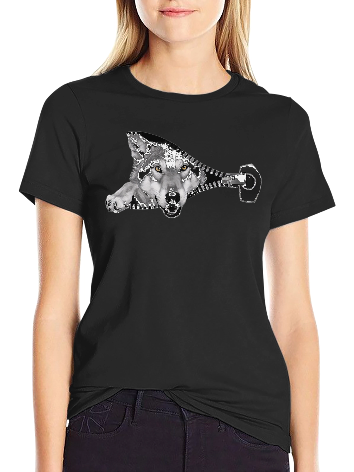 Wolf Zipper Graphic Print Black T-Shirt