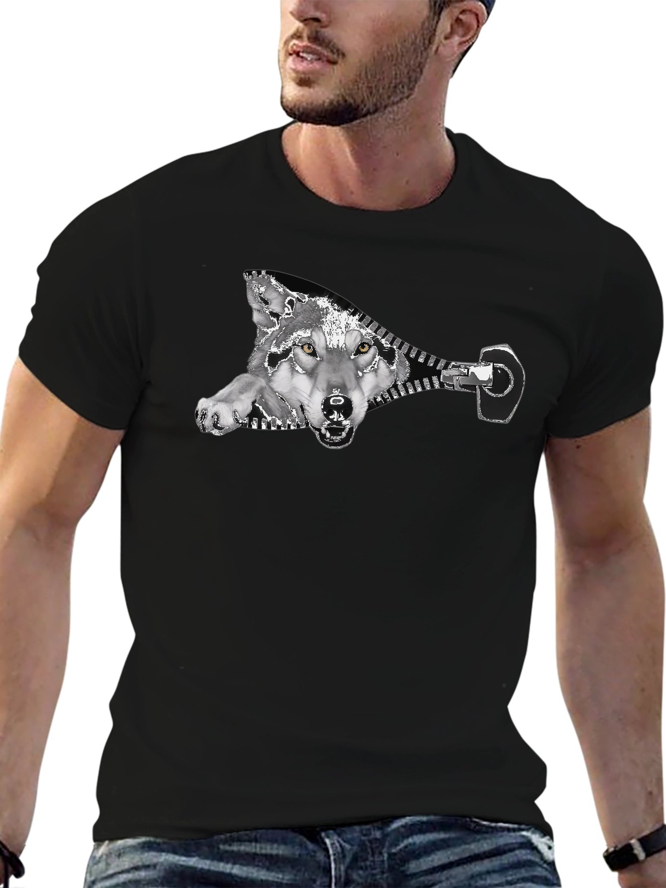 Wolf Zipper Graphic Print Black T-Shirt