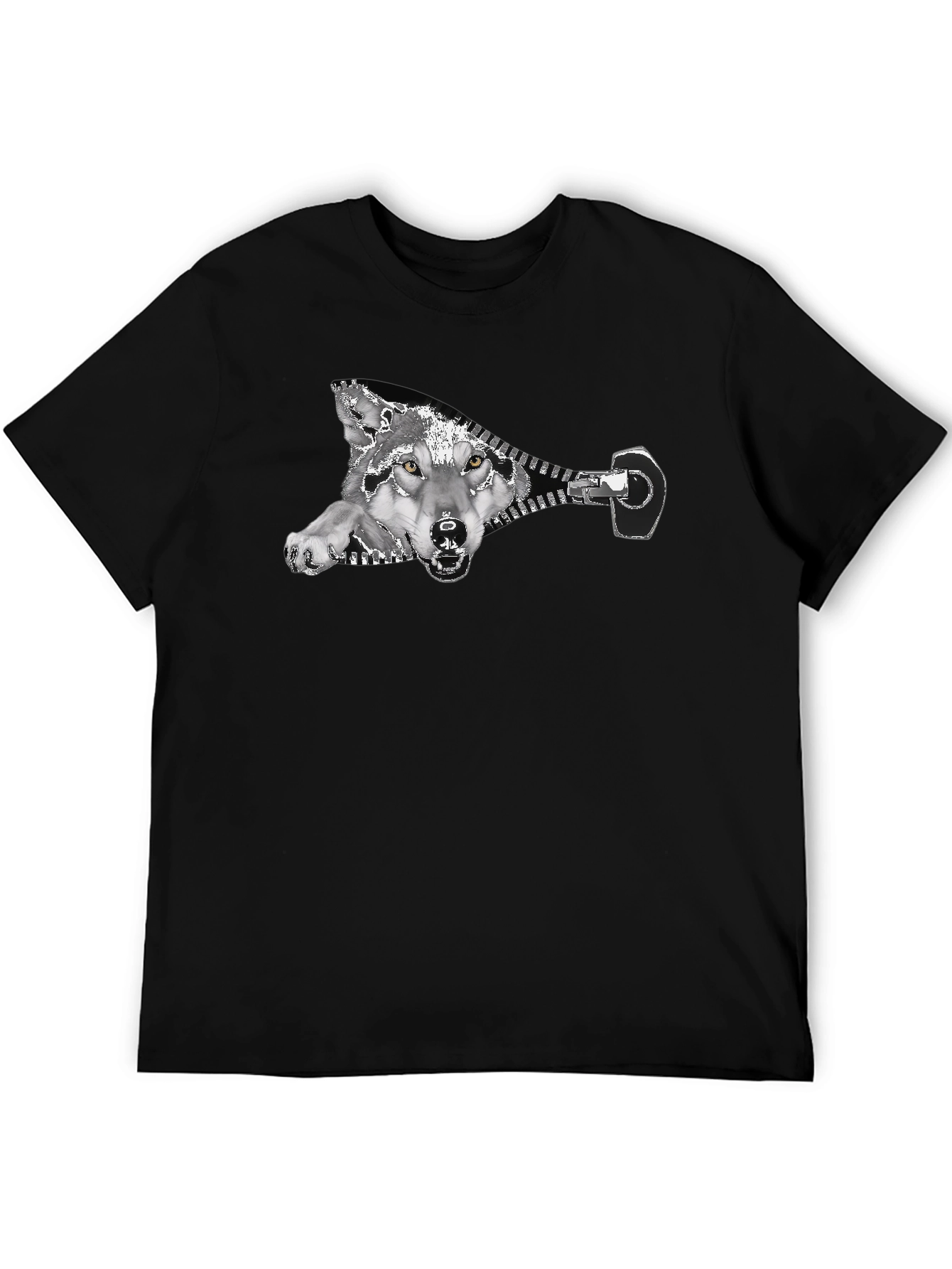 Wolf Zipper Graphic Print Black T-Shirt