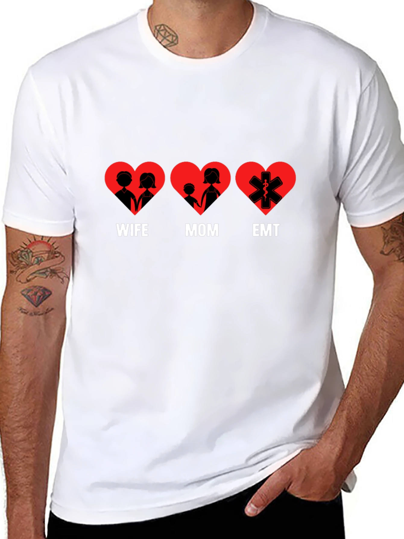 Wife Mom EMT Heart T-Shirt - Black Cotton Tee