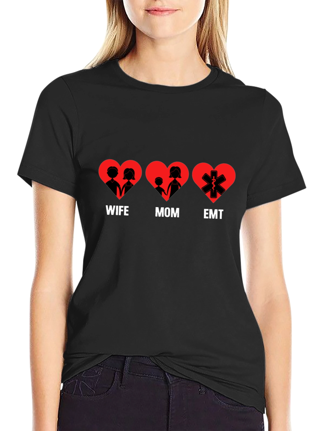 Wife Mom EMT Heart T-Shirt - Black Cotton Tee