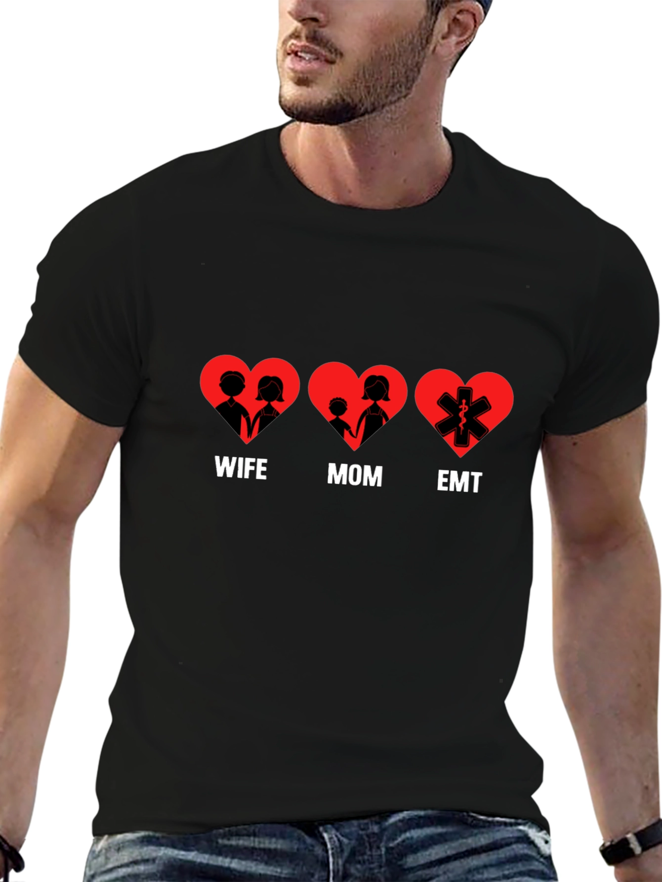 Wife Mom EMT Heart T-Shirt - Black Cotton Tee
