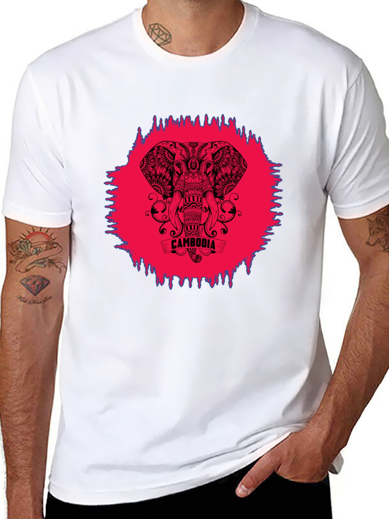 Cambodia Elephant Graphic Tee - Black Crew Neck Shirt