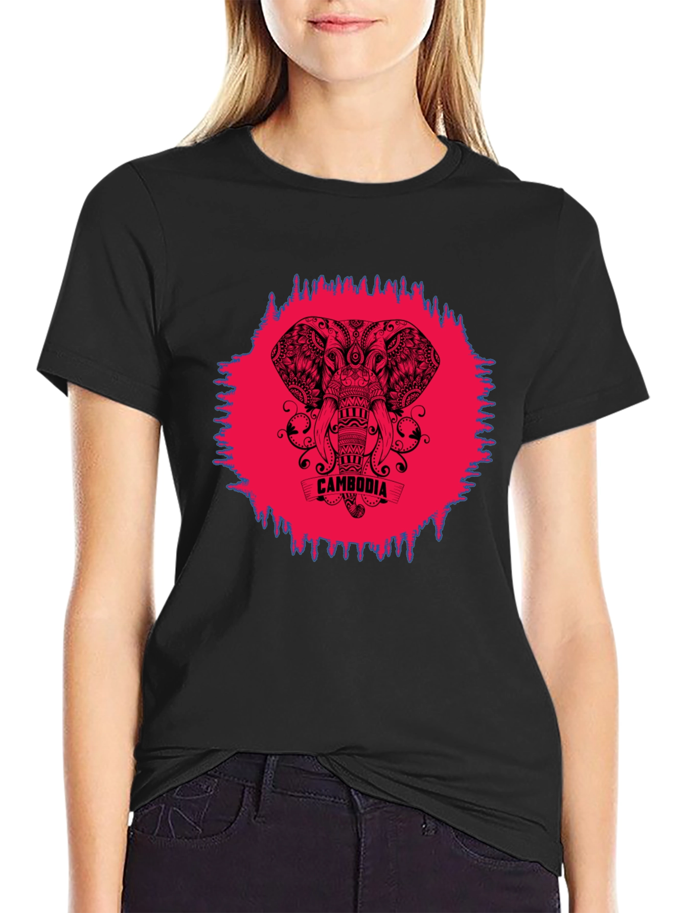 Cambodia Elephant Graphic Tee - Black Crew Neck Shirt