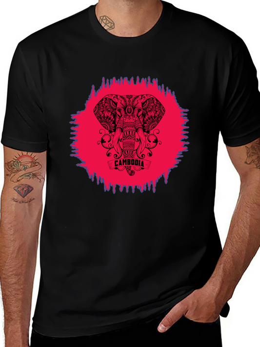 Cambodia Elephant Graphic Tee - Black Crew Neck Shirt
