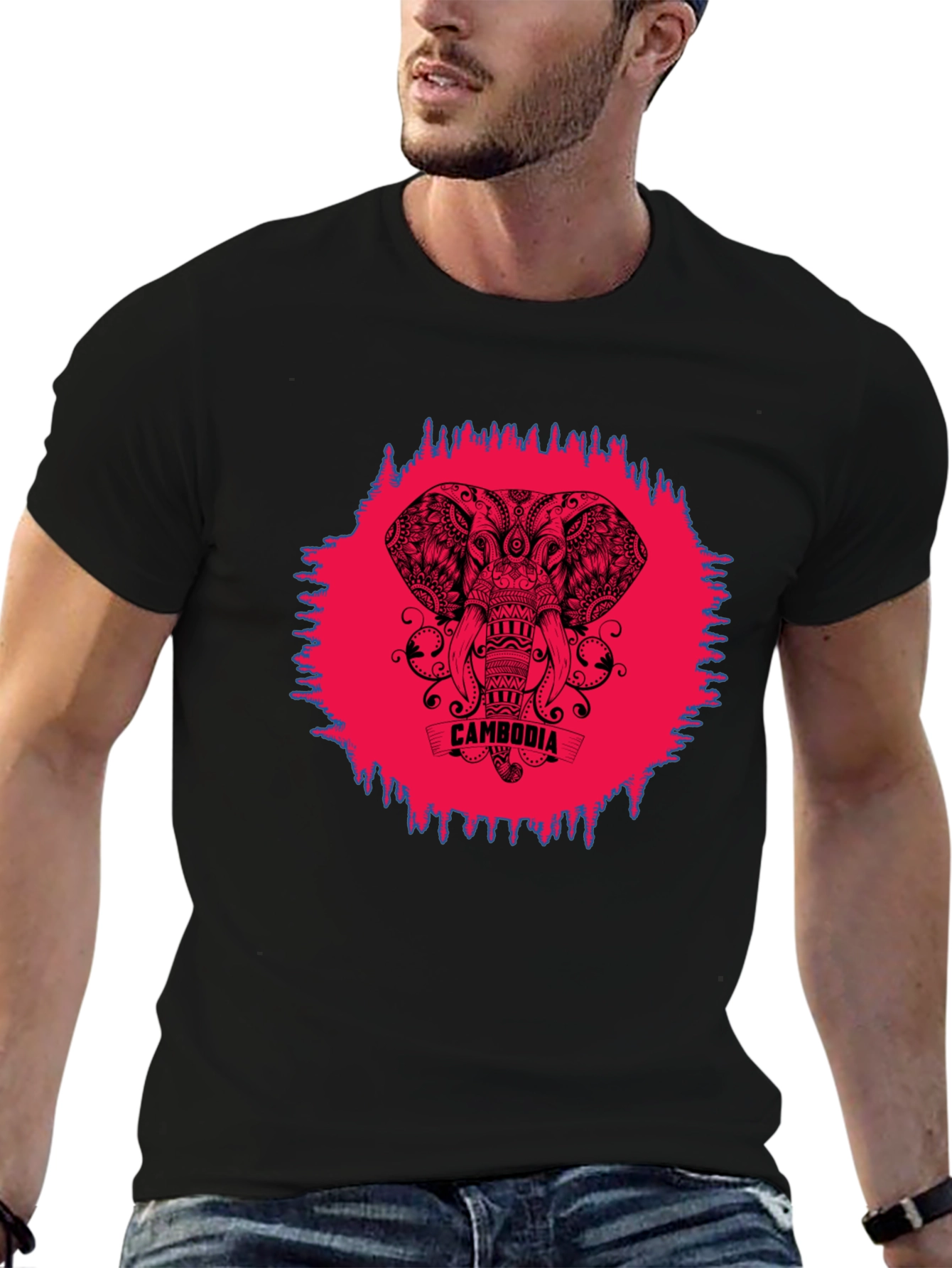 Cambodia Elephant Graphic Tee - Black Crew Neck Shirt