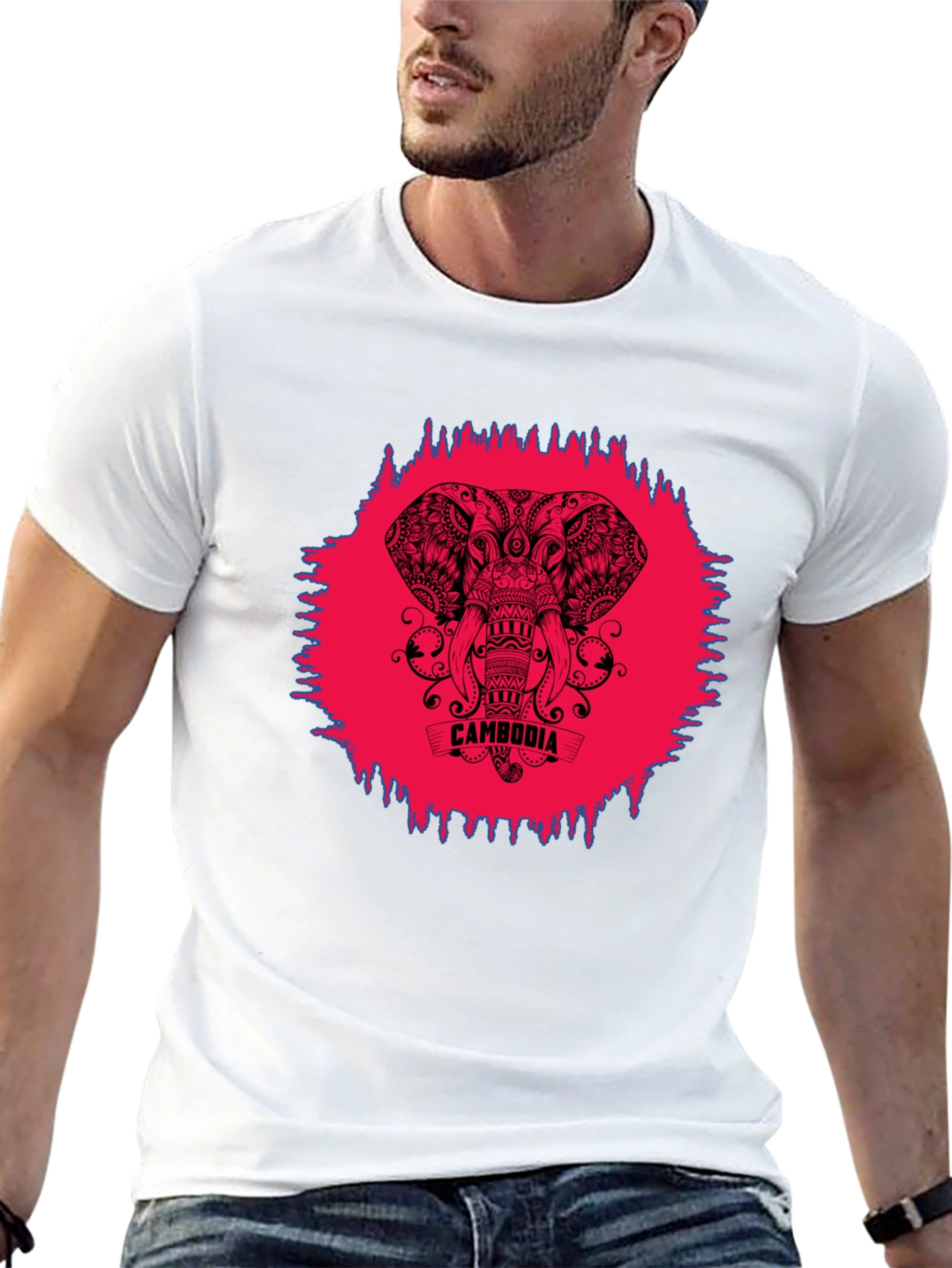 Cambodia Elephant Graphic Tee - Black Crew Neck Shirt