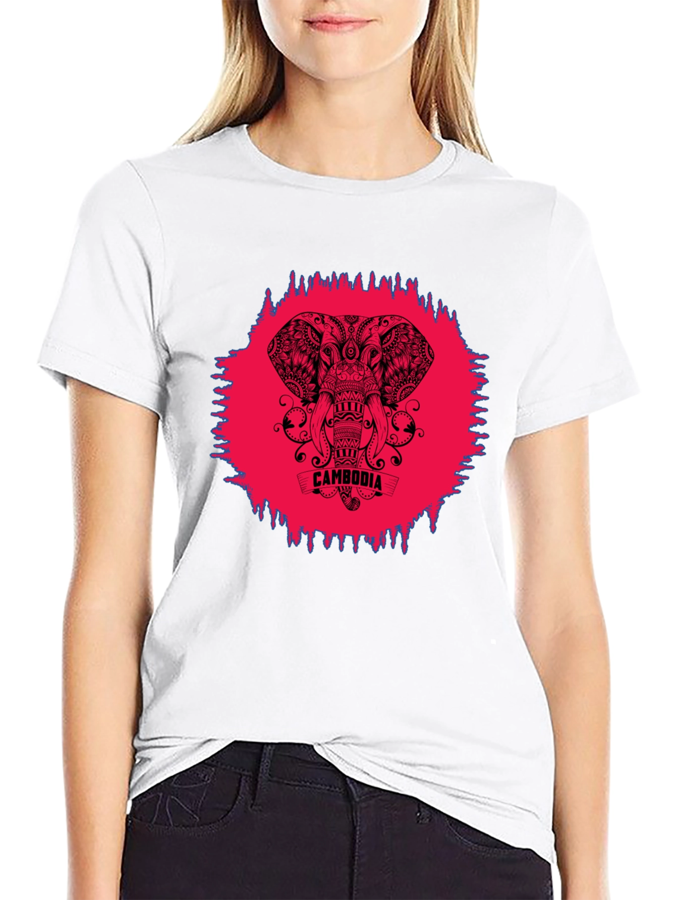 Cambodia Elephant Graphic Tee - Black Crew Neck Shirt