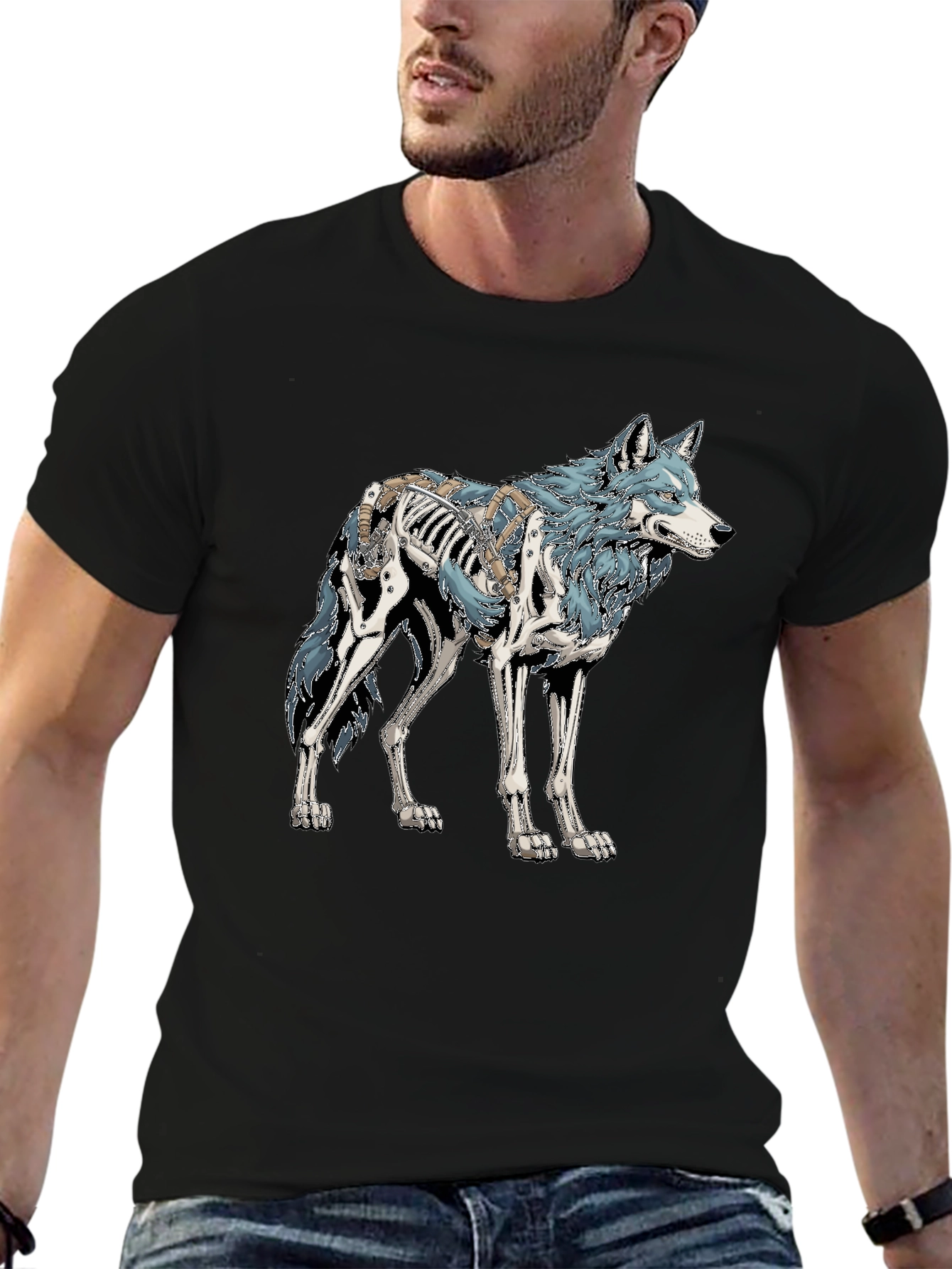 Wolf Skeleton Graphic Tee - Black Cotton T-Shirt