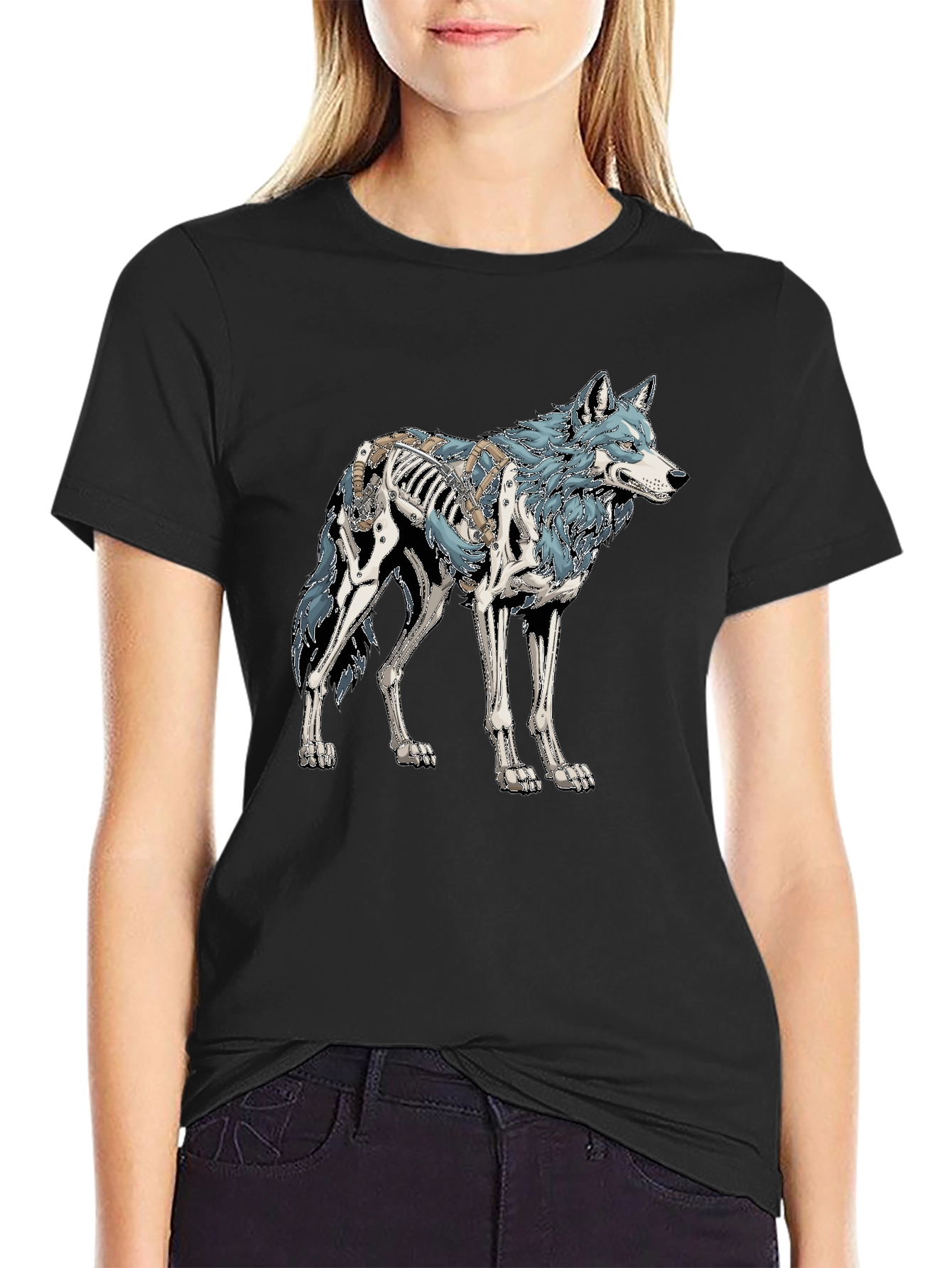 Wolf Skeleton Graphic Tee - Black Cotton T-Shirt