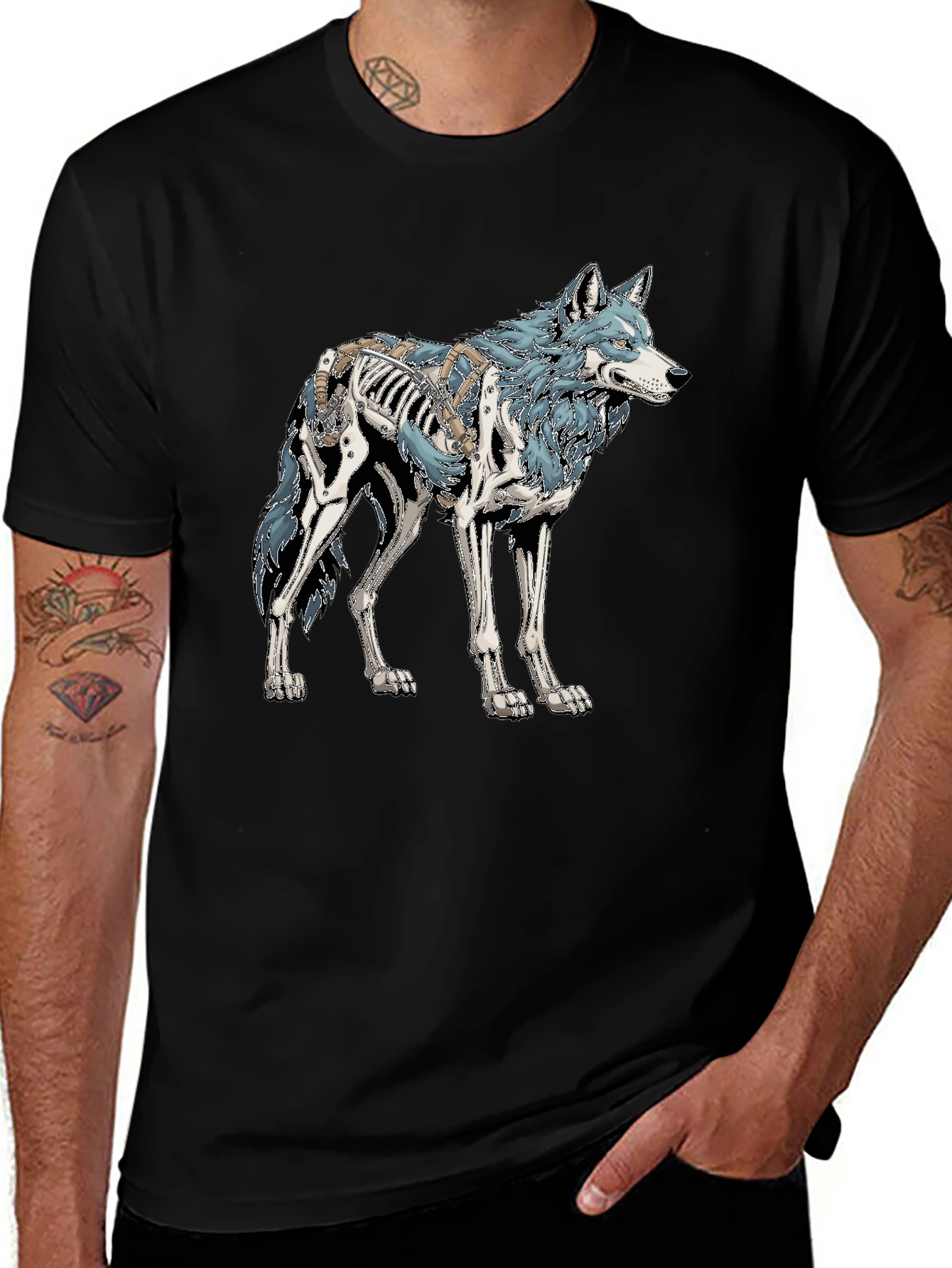 Wolf Skeleton Graphic Tee - Black Cotton T-Shirt
