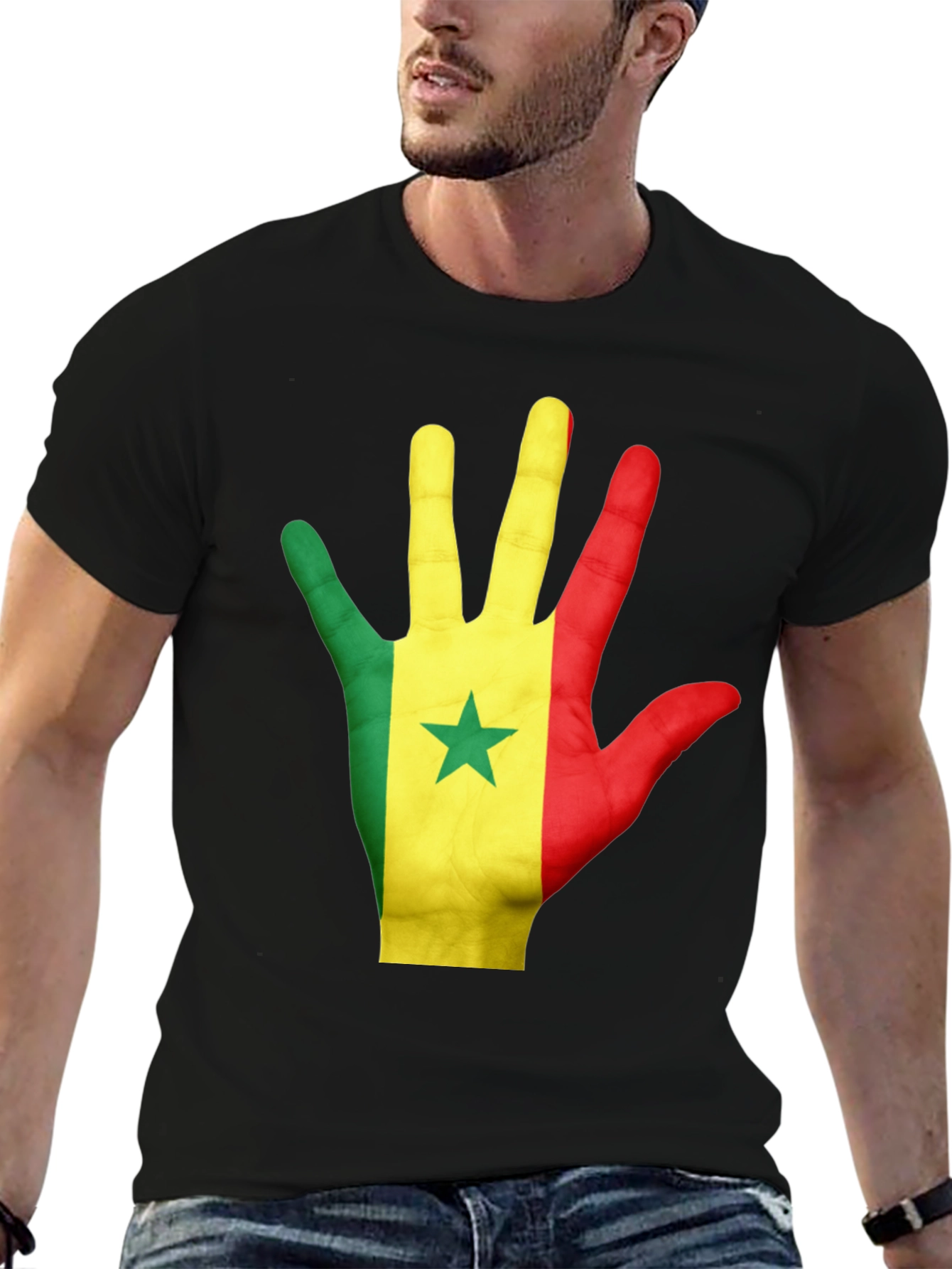 Senegal Flag Hand Graphic Black Tee Shirt