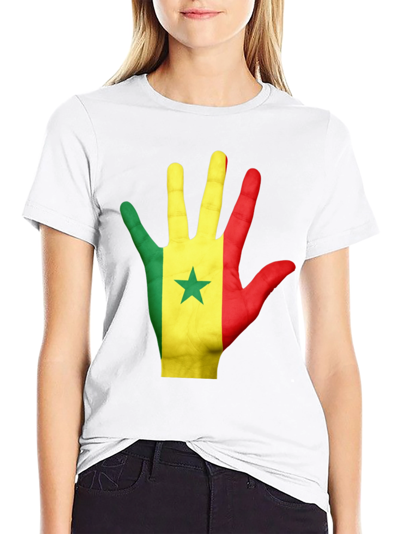 Senegal Flag Hand Graphic Black Tee Shirt