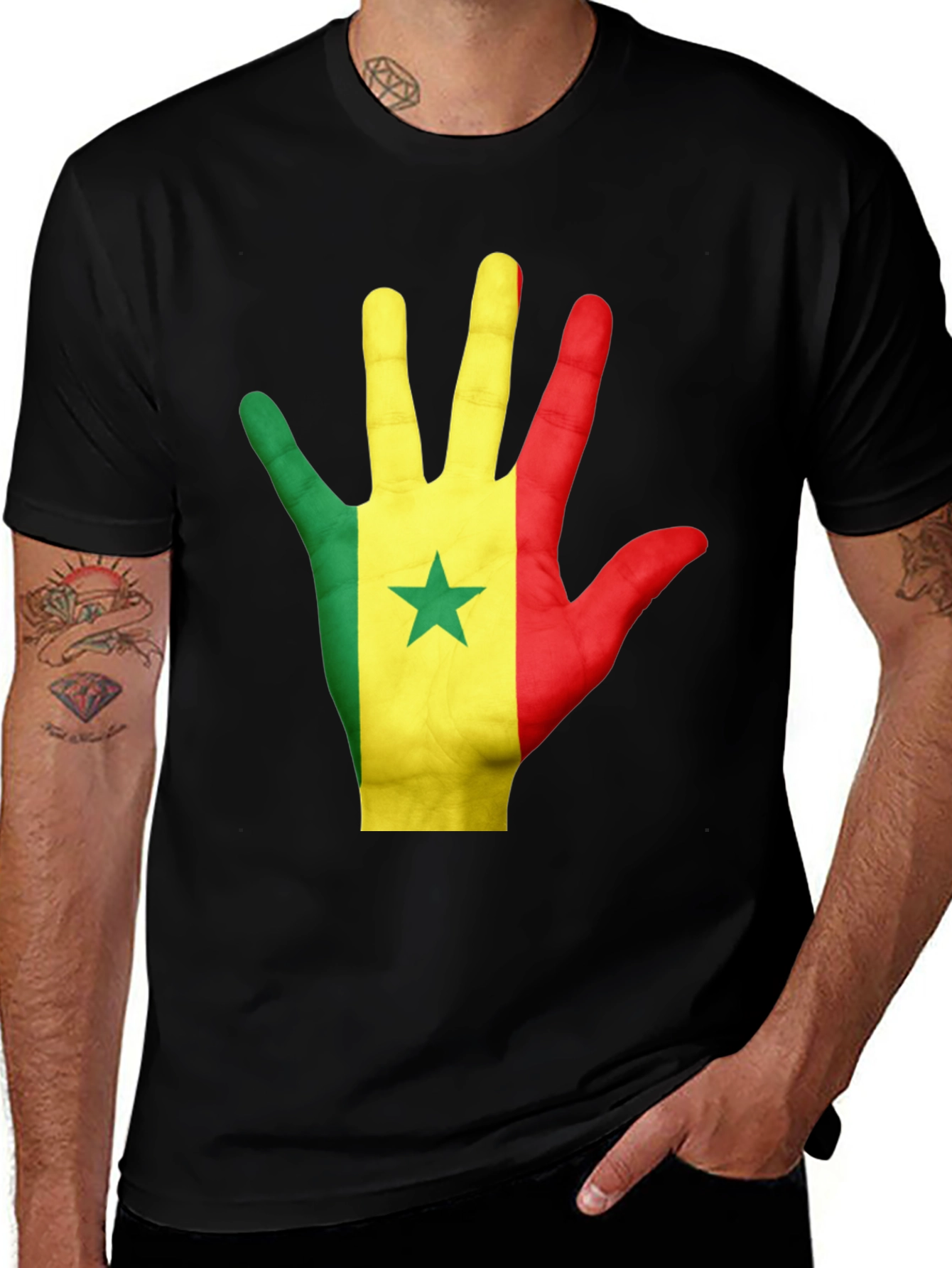 Senegal Flag Hand Graphic Black Tee Shirt