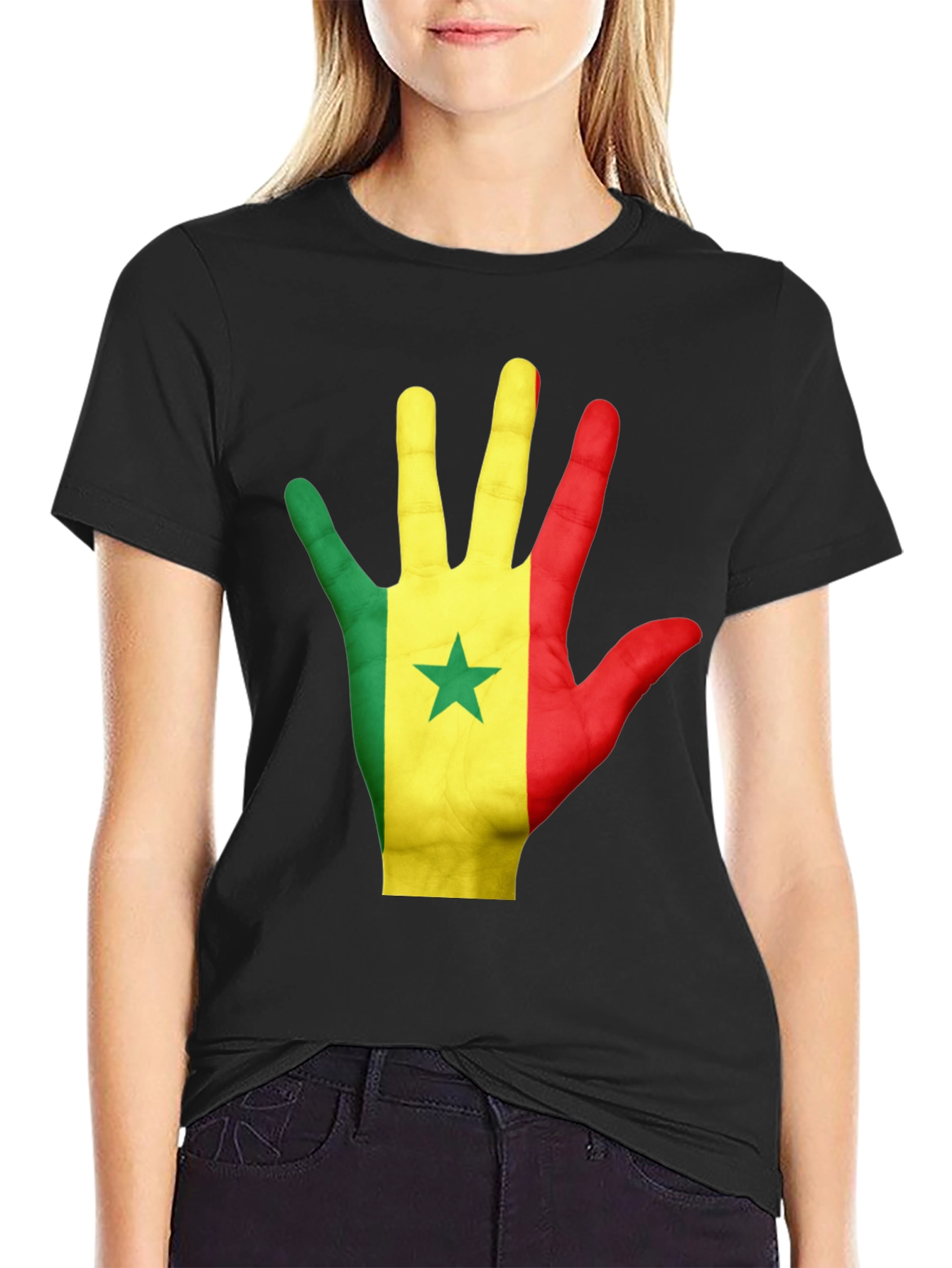 Senegal Flag Hand Graphic Black Tee Shirt