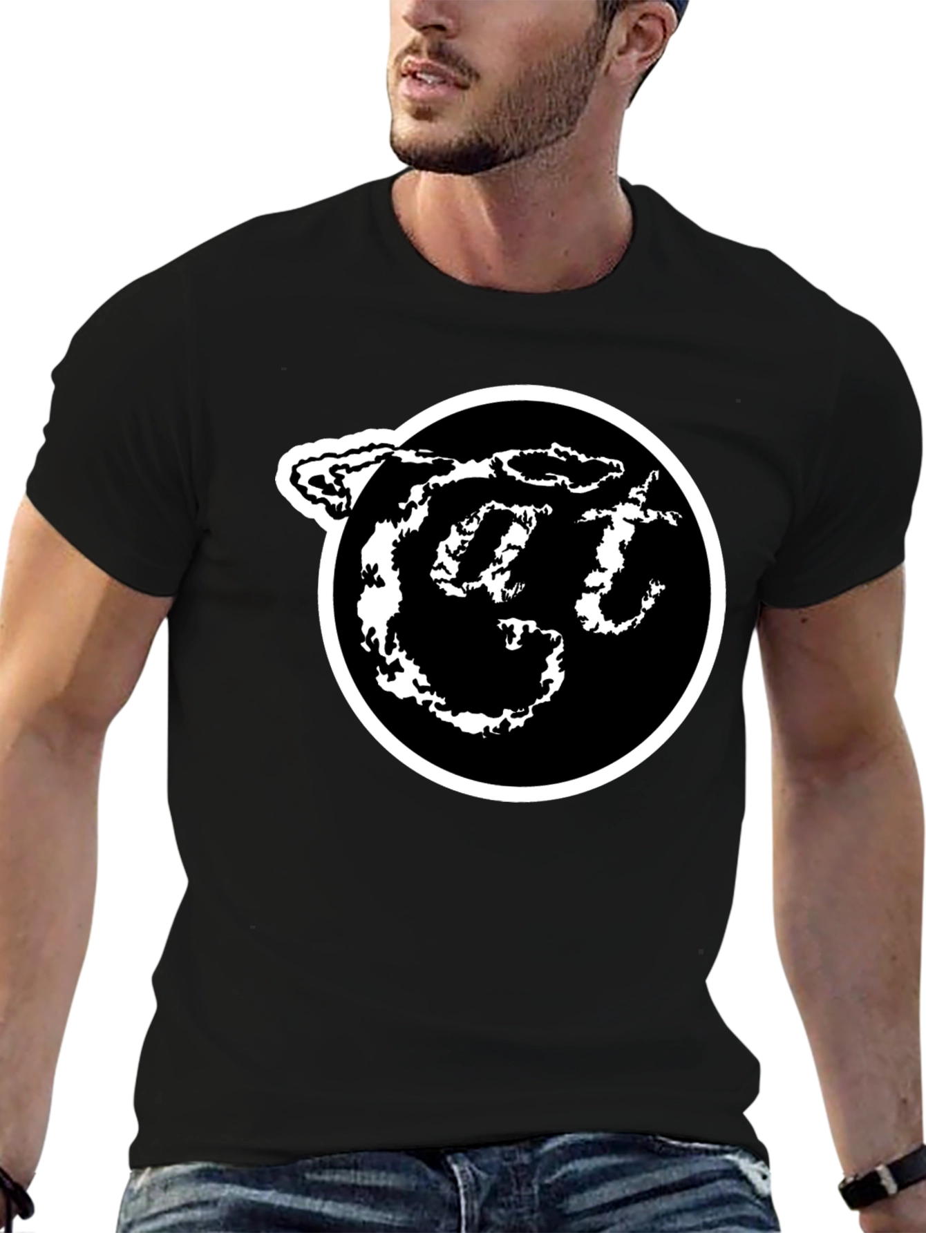 Black T-Shirt with White Circle Logo Graphic