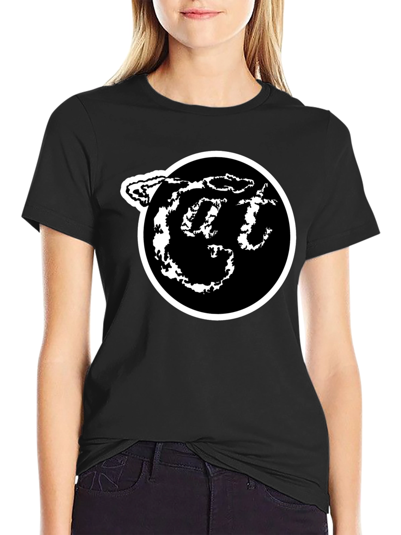 Black T-Shirt with White Circle Logo Graphic