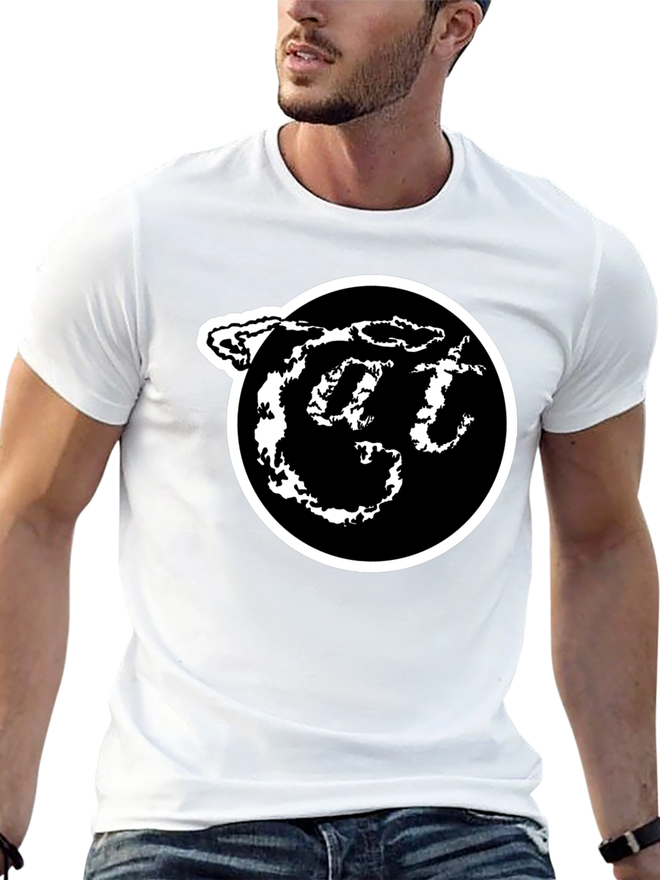 Black T-Shirt with White Circle Logo Graphic