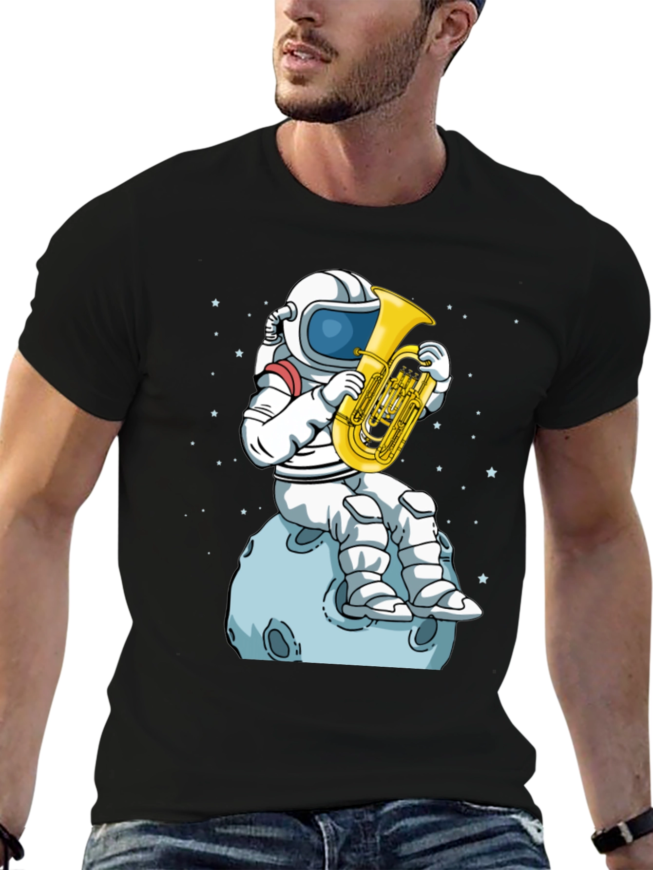 Astronaut Tuba Player Black T-Shirt