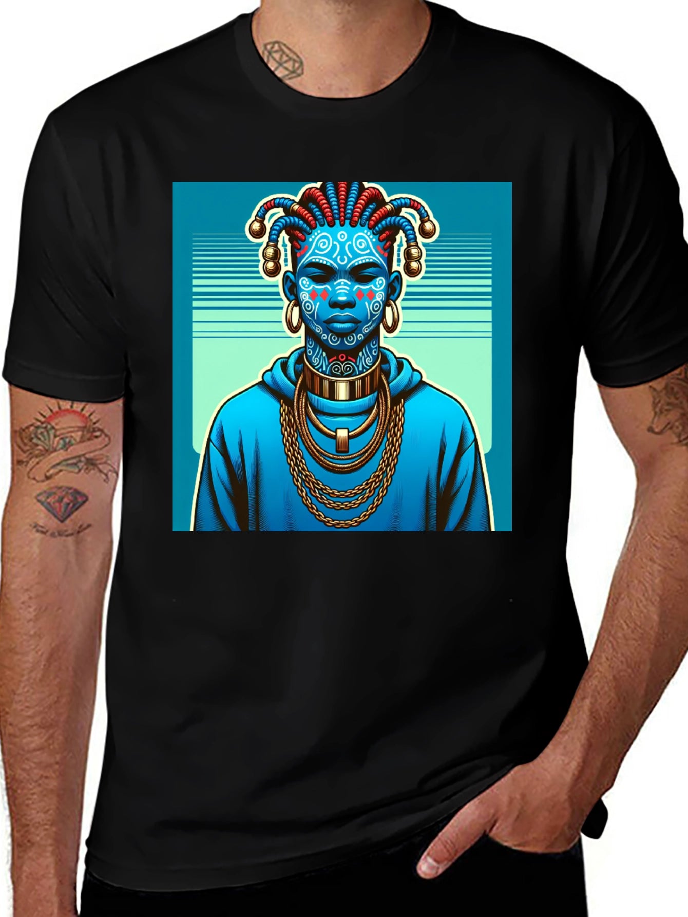 Artistic Graphic Tee - Blue Tribal Design