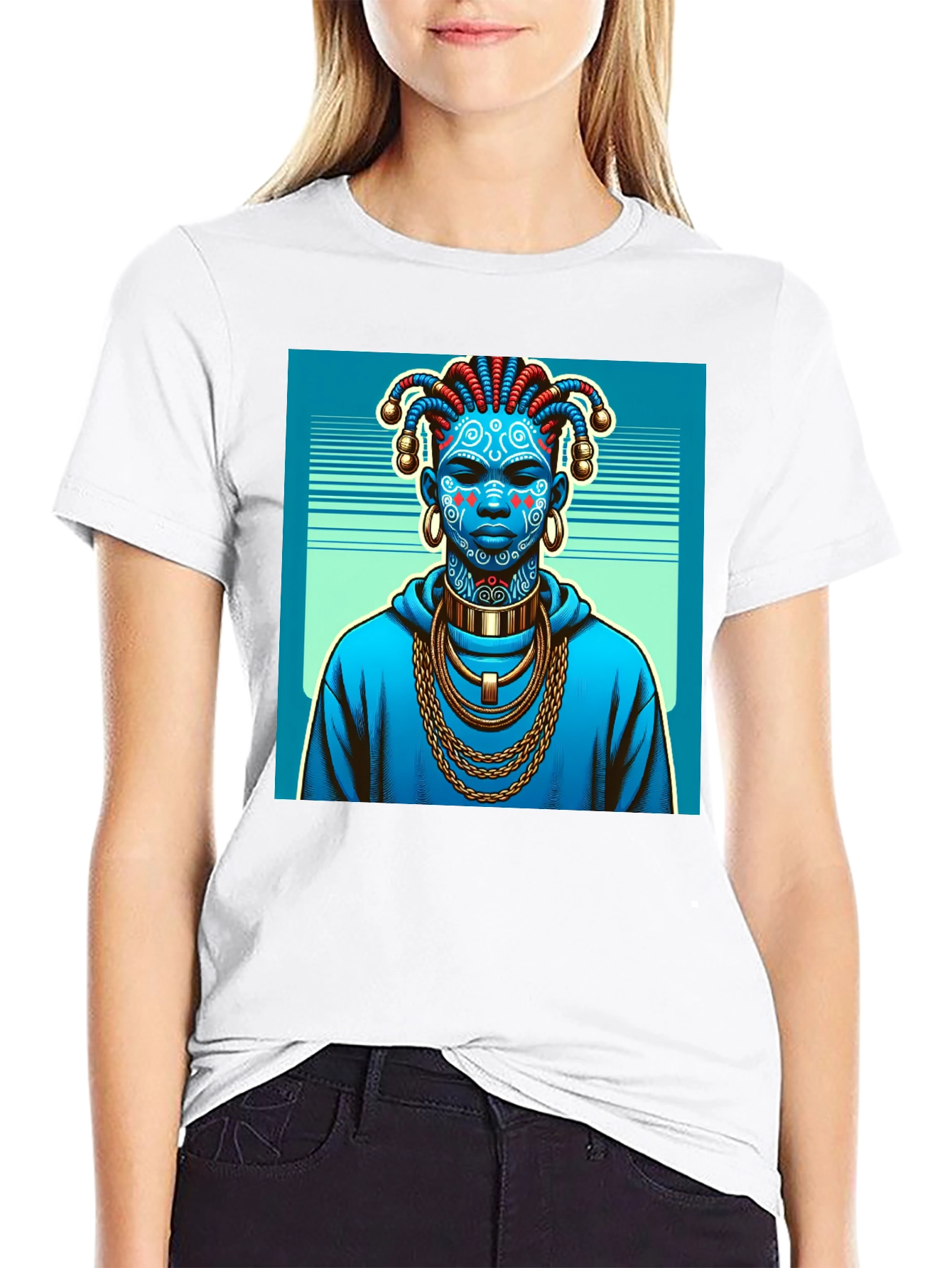 Artistic Graphic Tee - Blue Tribal Design