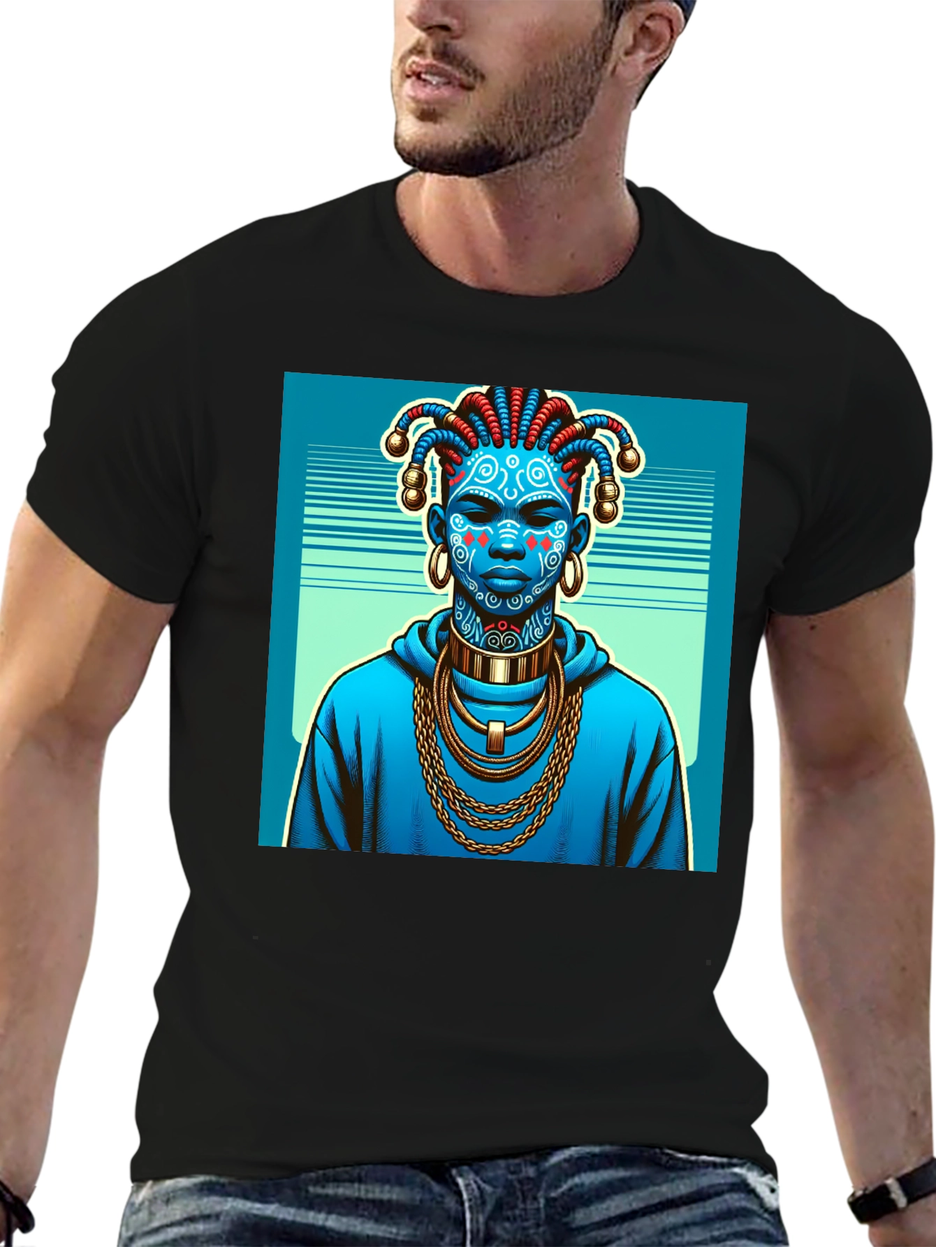 Artistic Graphic Tee - Blue Tribal Design