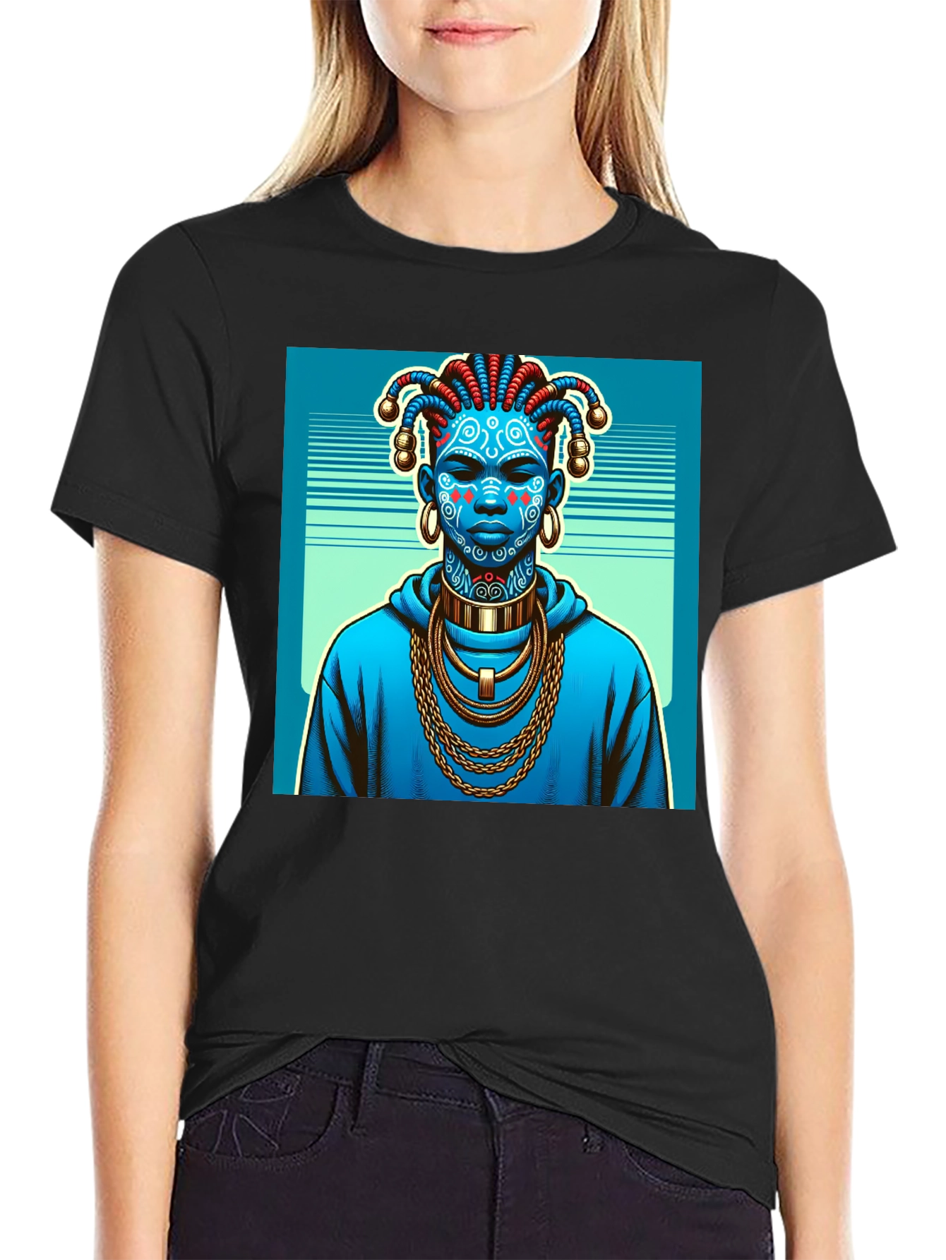Artistic Graphic Tee - Blue Tribal Design