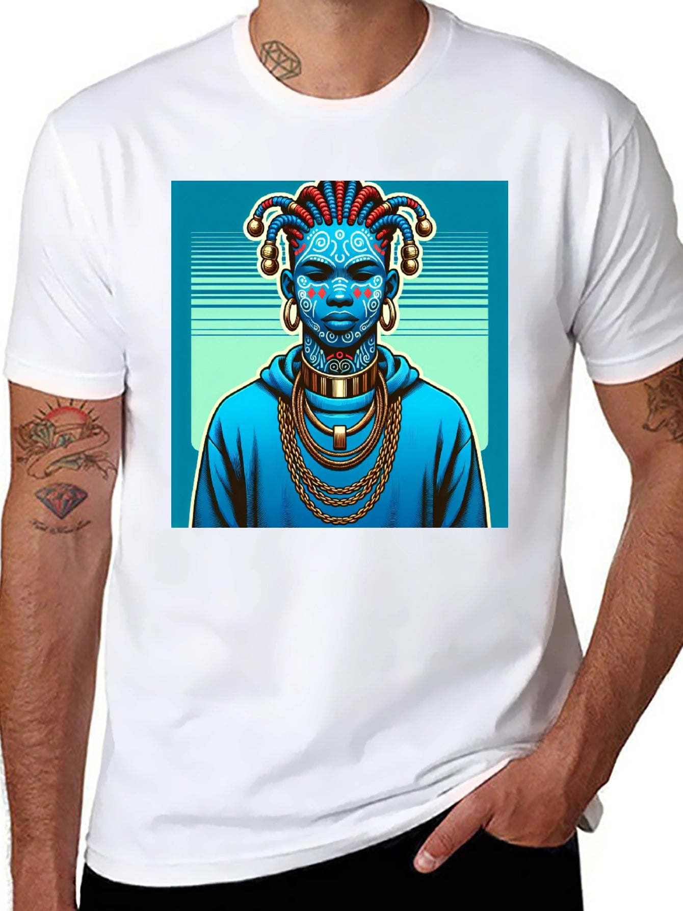 Artistic Graphic Tee - Blue Tribal Design