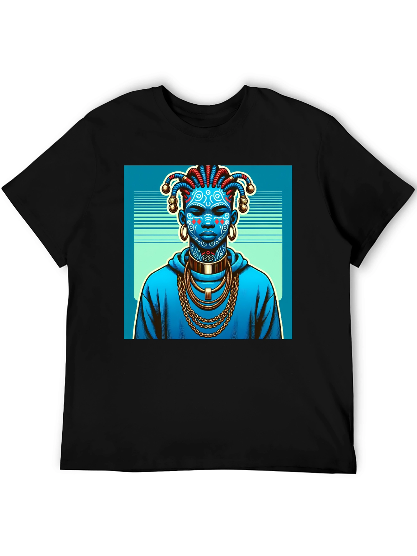 Artistic Graphic Tee - Blue Tribal Design