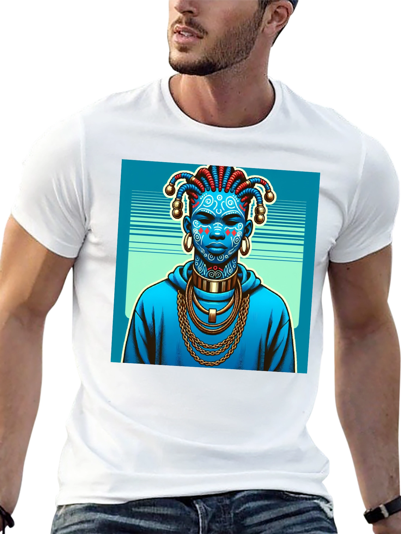 Artistic Graphic Tee - Blue Tribal Design