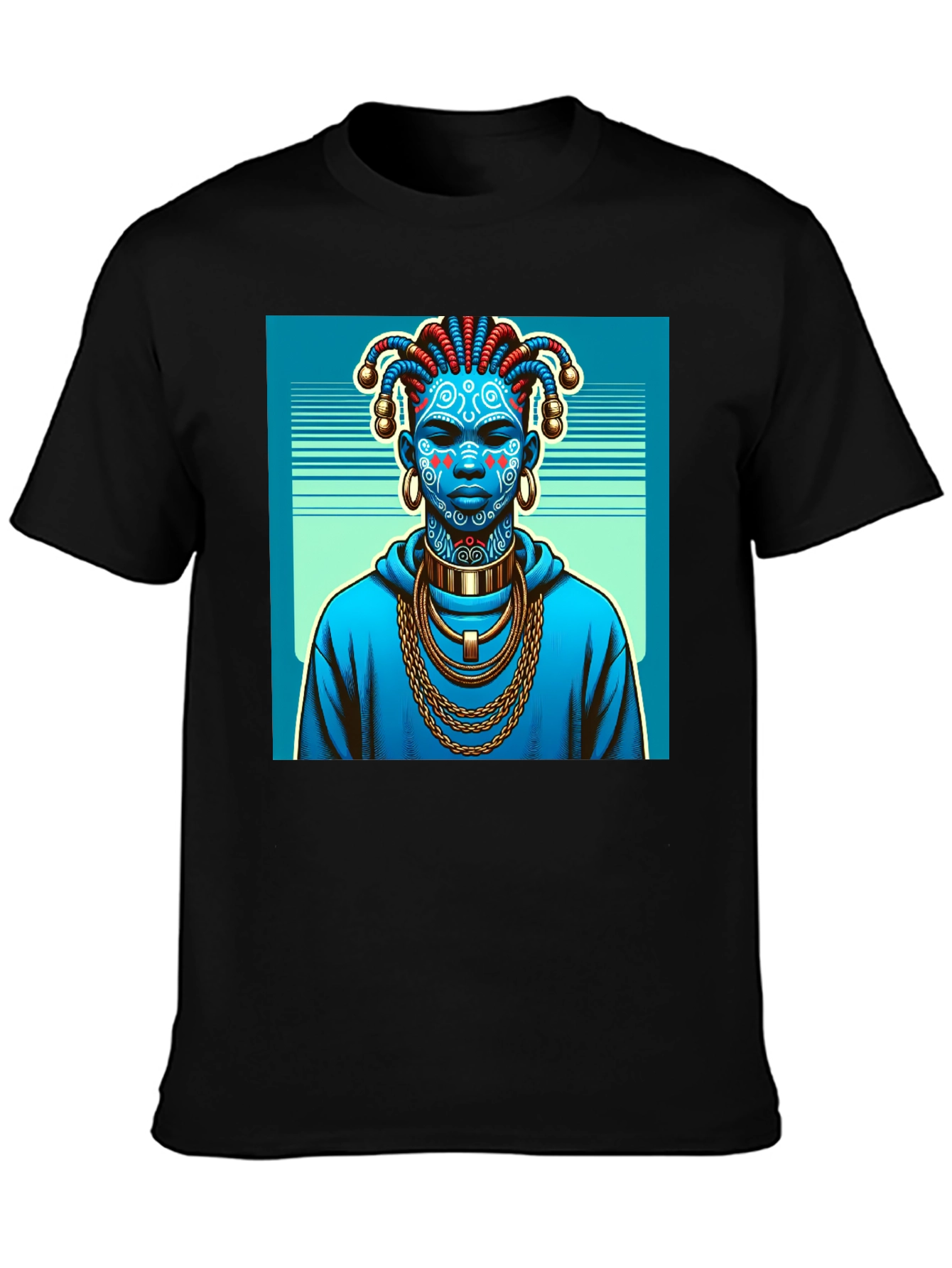 Artistic Graphic Tee - Blue Tribal Design