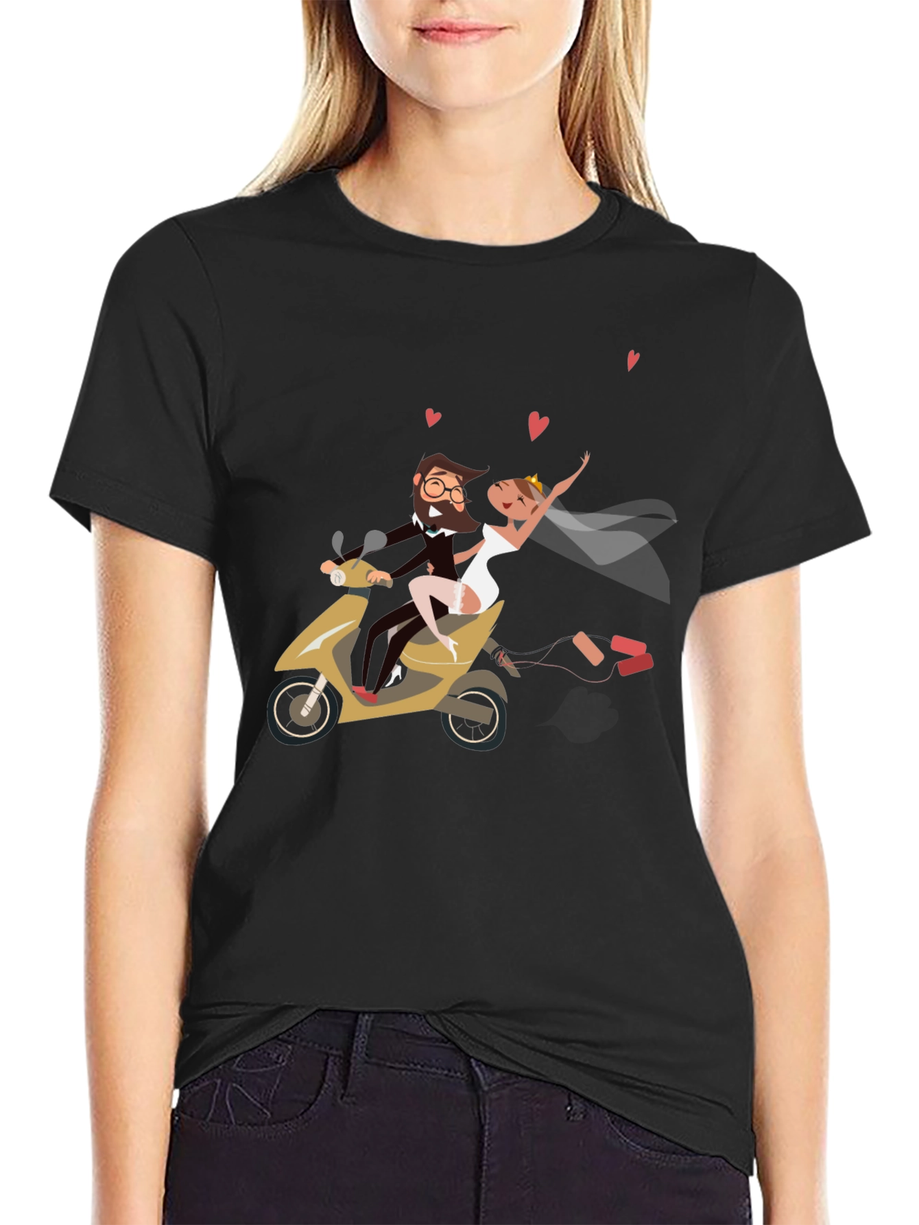 Wedding Couple Scooter Ride Black T-Shirt